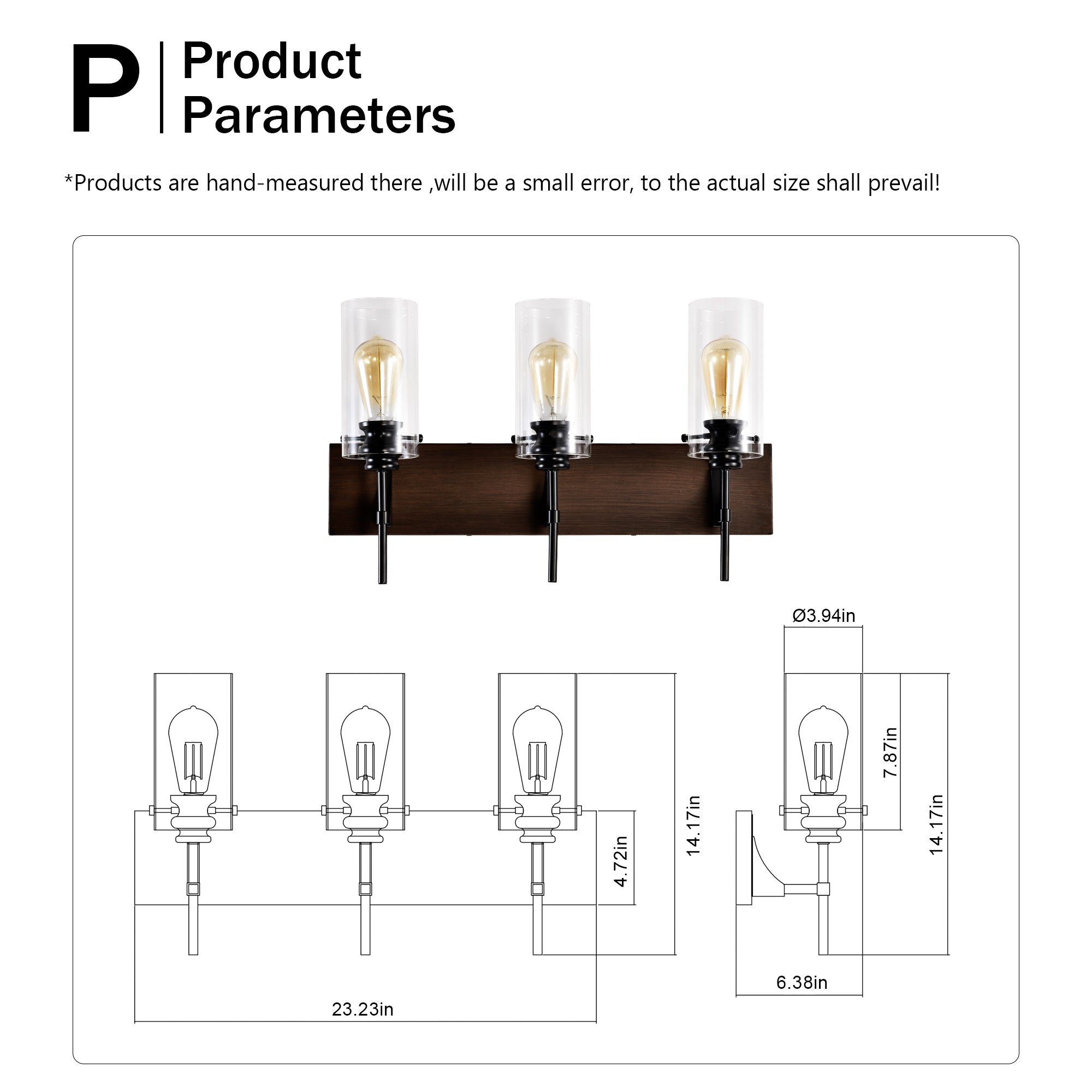 3-Light Matte Black Wood Color Bathroom Light Fixtures