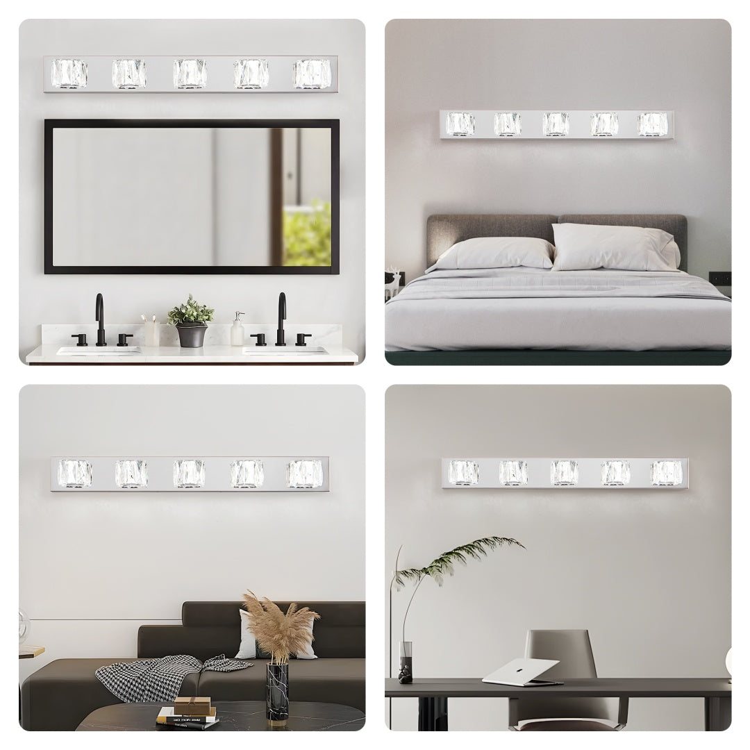 35 Modern Crystal 5-Light LED Wall Sconce -Elegant Chrome Bathroom Van