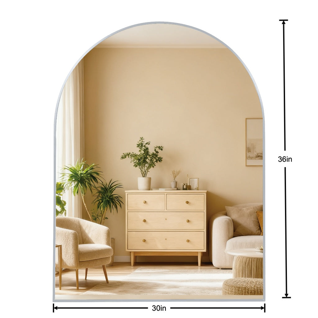 30x36 Inch Silver Metal Framed Arched Bathrrom Mirror For Wall.