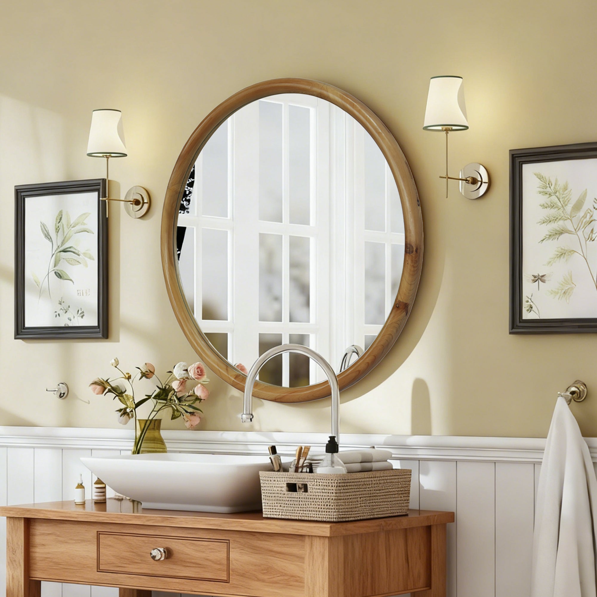 Round Wood Framed Wall Mirror