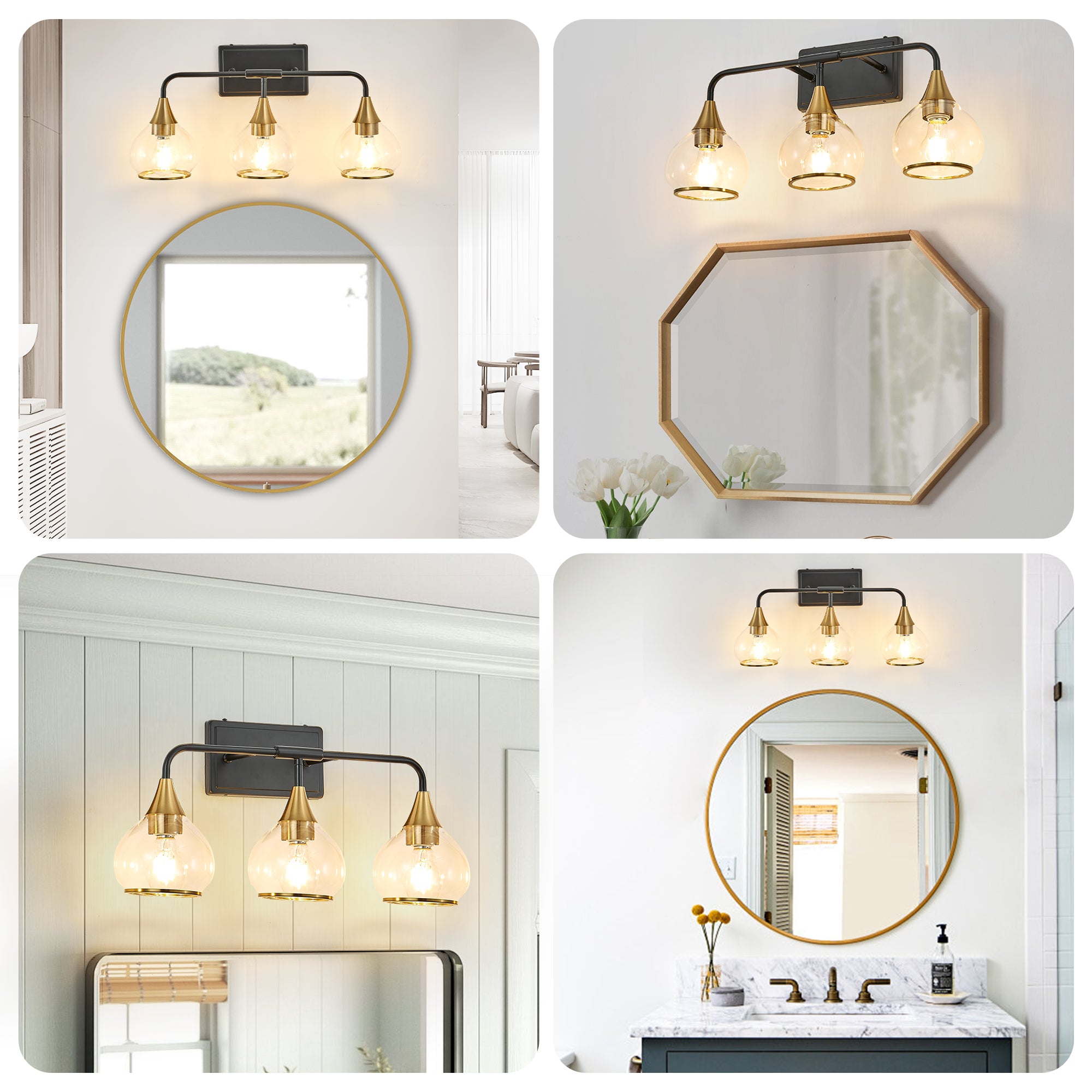 23in Modern 3-Light Vanity Wall Sconce - Black And Gold Bathroom Light