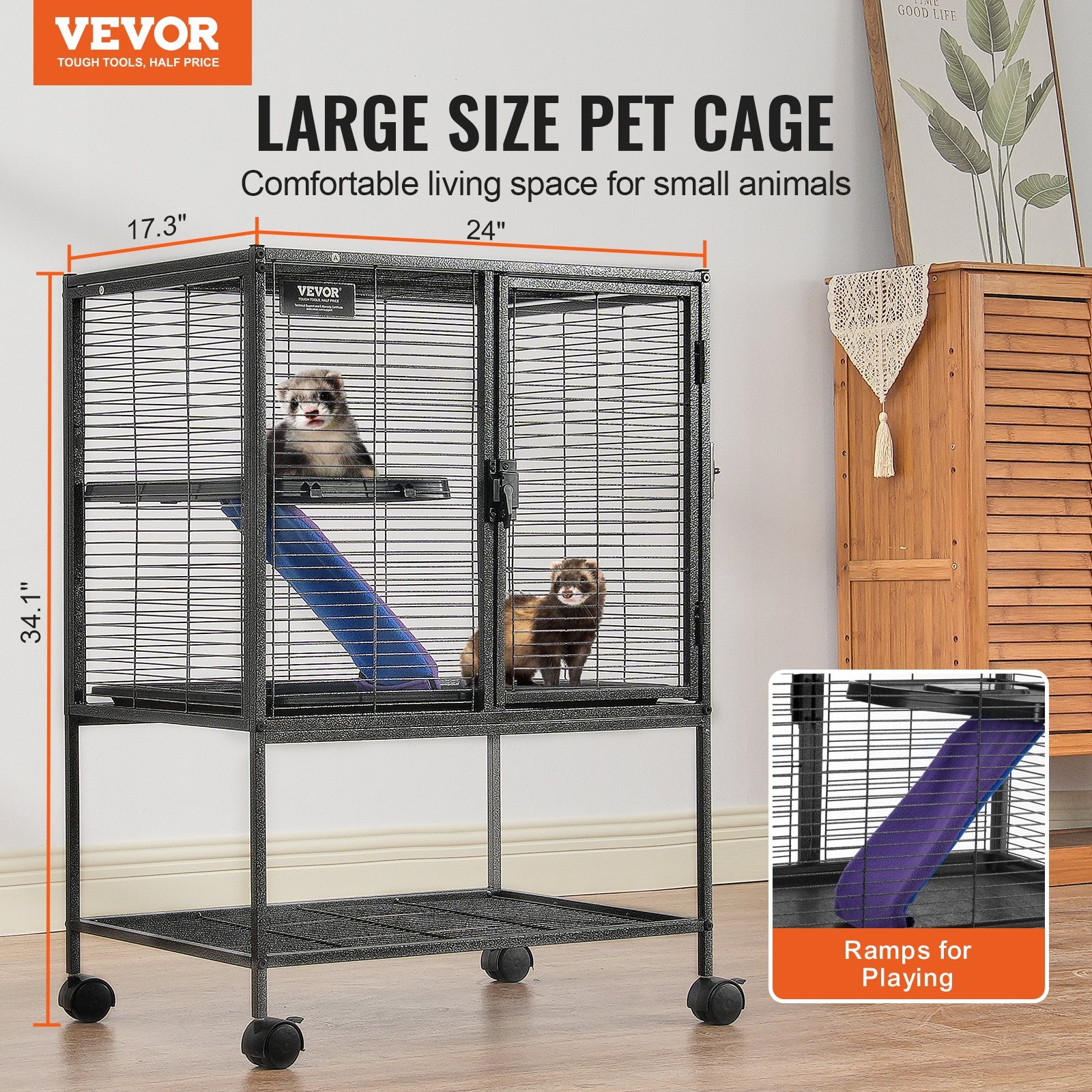 34' Metal Small Animal Cage 2-Tier Rolling Ferret Cage With Tray A Ram