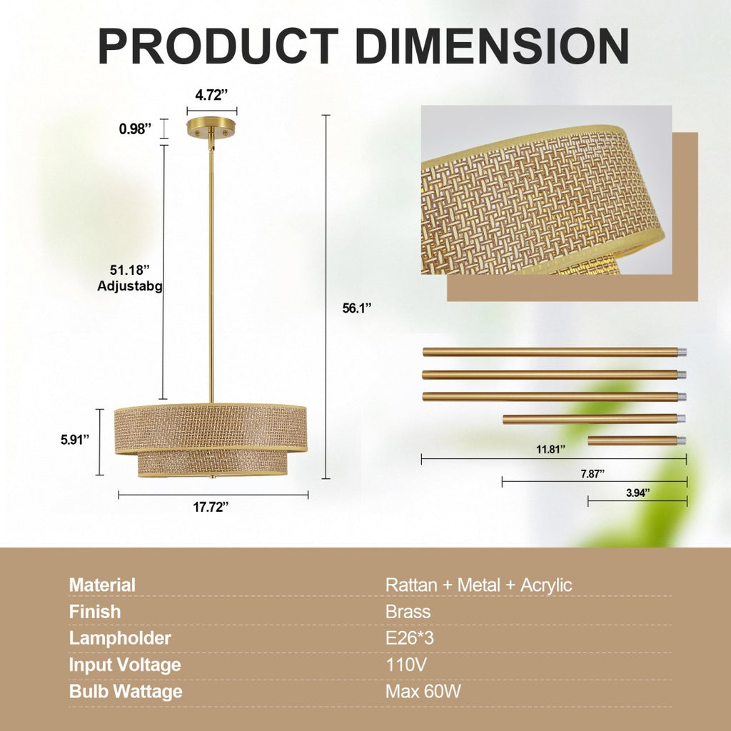 17.7 Inch Woven Rattan Linen Semi Embedded Ceiling Light Fixture
