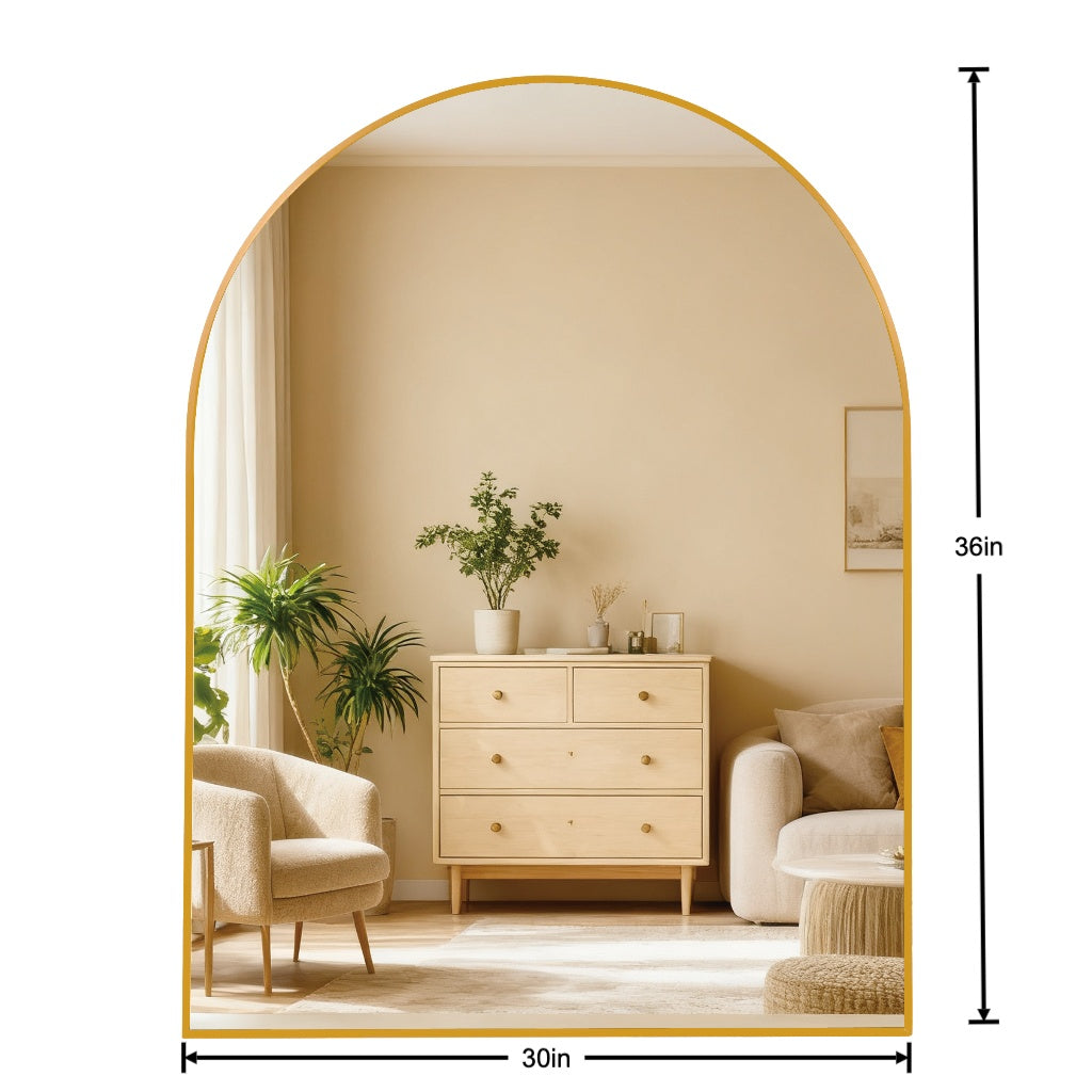 30x36 Inch Gold Metal Framed Arched Bathrrom Mirror For Wall.