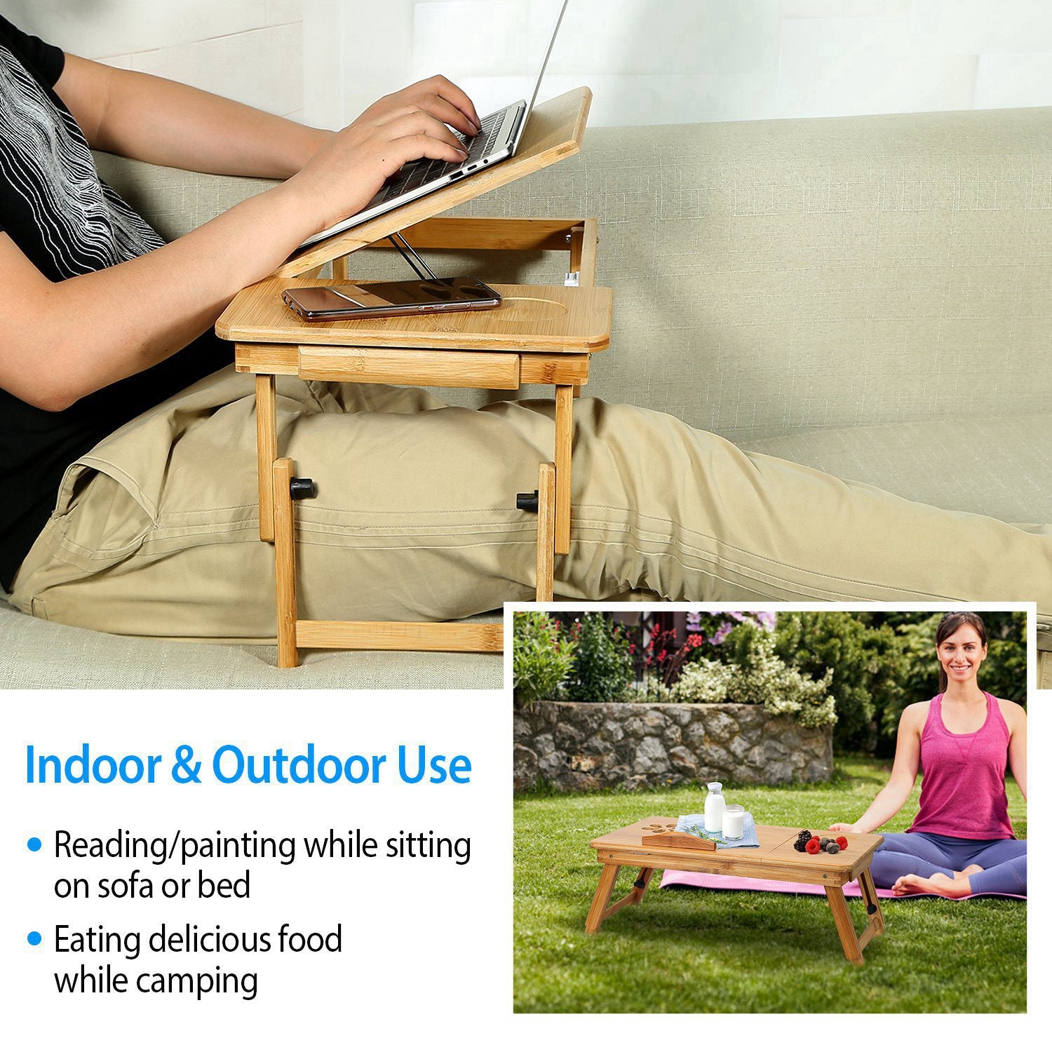 1Pc Bamboo Laptop Desk Breakfast Serving Bed Tray Foldable Leg Multi-P