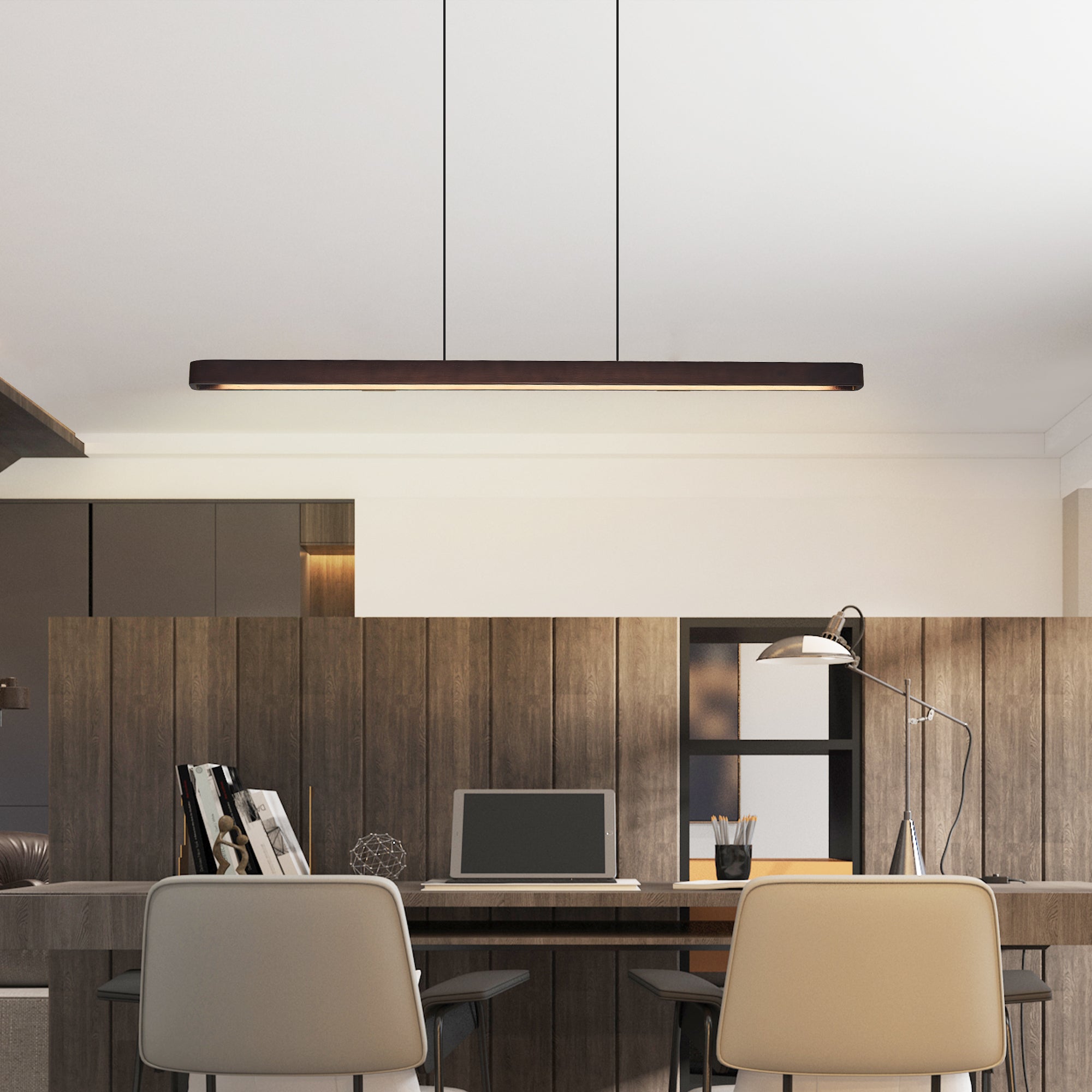Walnut Wood LED Pendant Light, Linear 51 Inch, Dimmable