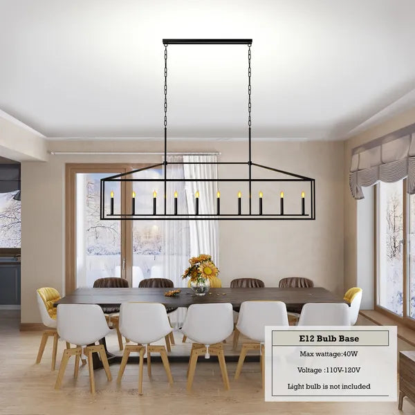 10 Lights Farmhouse Black Chandelier Rectangular Linear Pendant Lighti