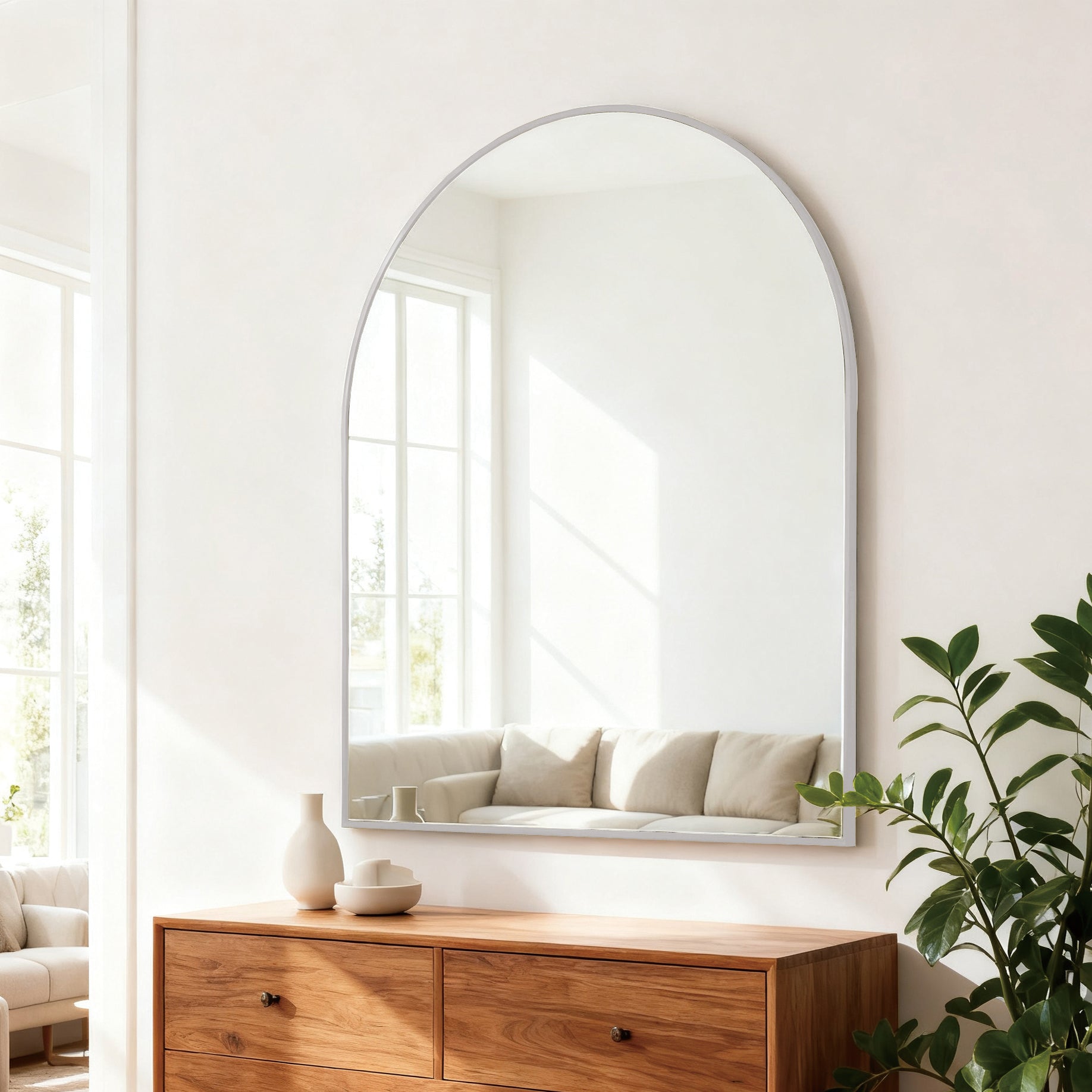 30x36 Inch Silver Metal Framed Arched Bathrrom Mirror For Wall.