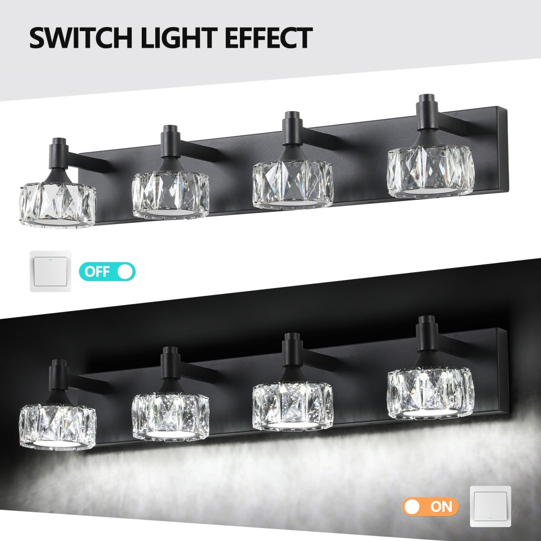 Crystal Glass Vanity Light, 4-Light Matte Black LED Bathroom Fixture
