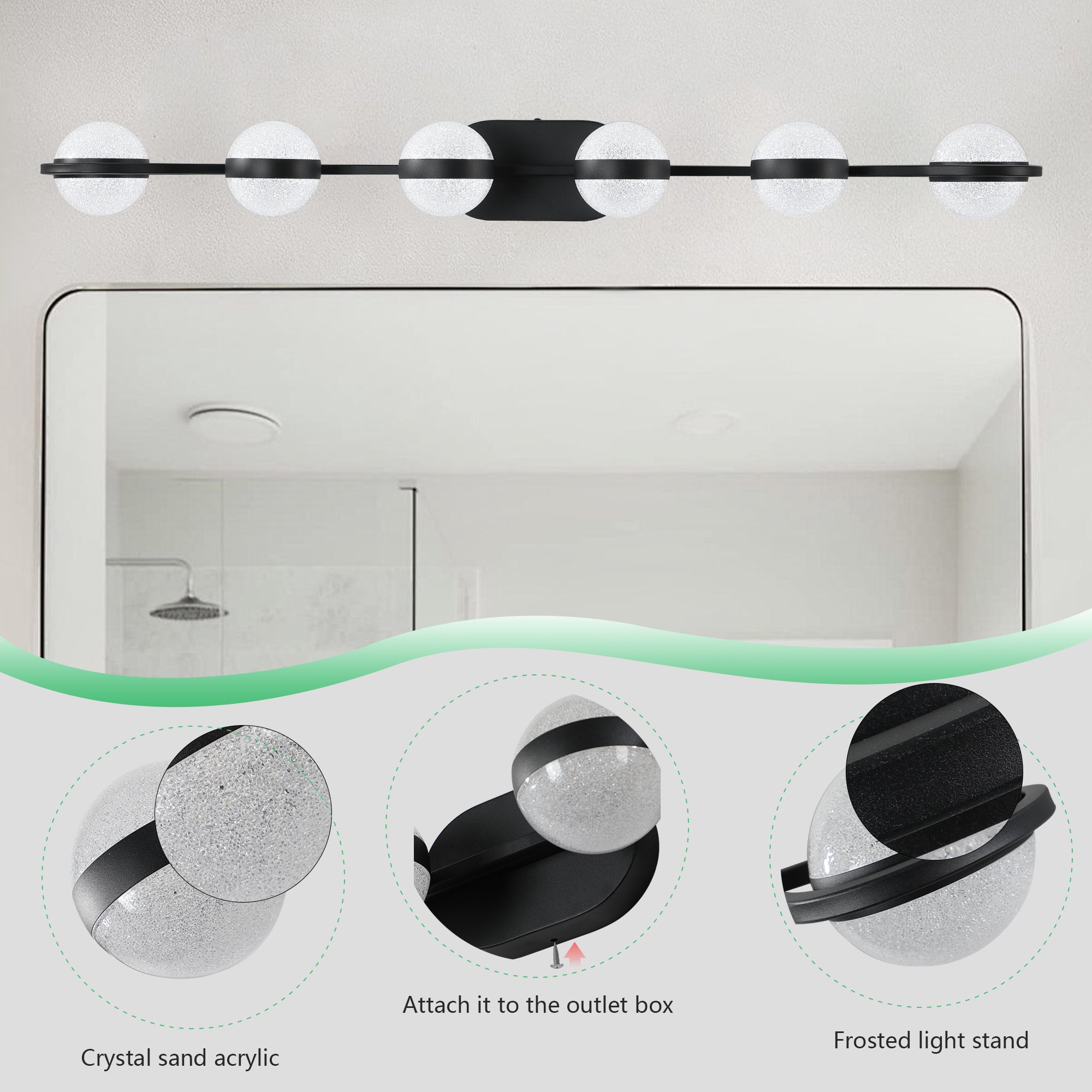43in Black Minimalist LED Bathroom Vanity Light With Crystal Sand Acry