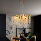 Gold Crystal Pendant Light with Cascading Strands, 24 Inch
