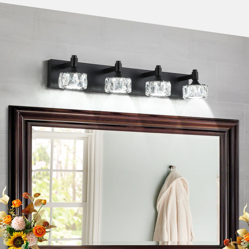 Crystal Glass Vanity Light, 4-Light Matte Black LED Bathroom Fixture