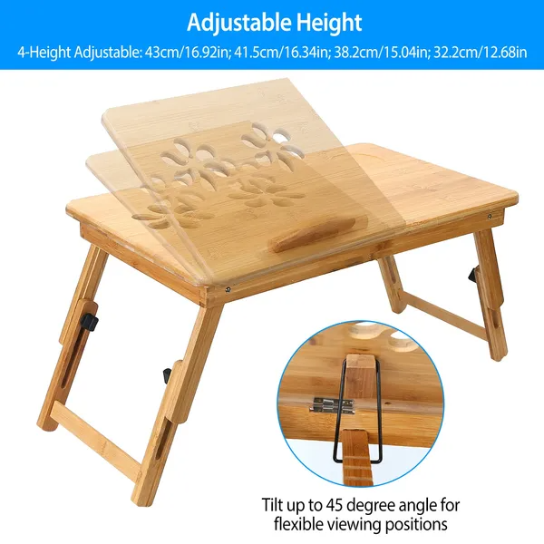 Bamboo Laptop Desk Breakfast Serving Bed Tray Foldable Leg Multi-Posit