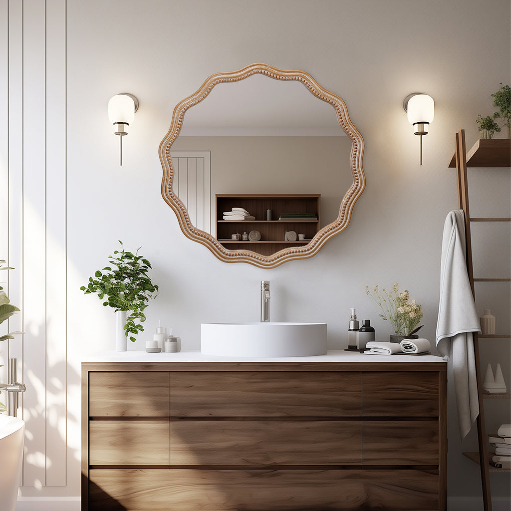 23.62 Inches Wood Round Wavy Wall Mirror Round Wall Mirror Scalloped M