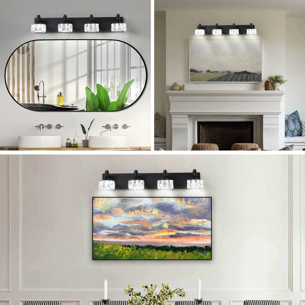 Crystal Glass Vanity Light, 4-Light Matte Black LED Bathroom Fixture