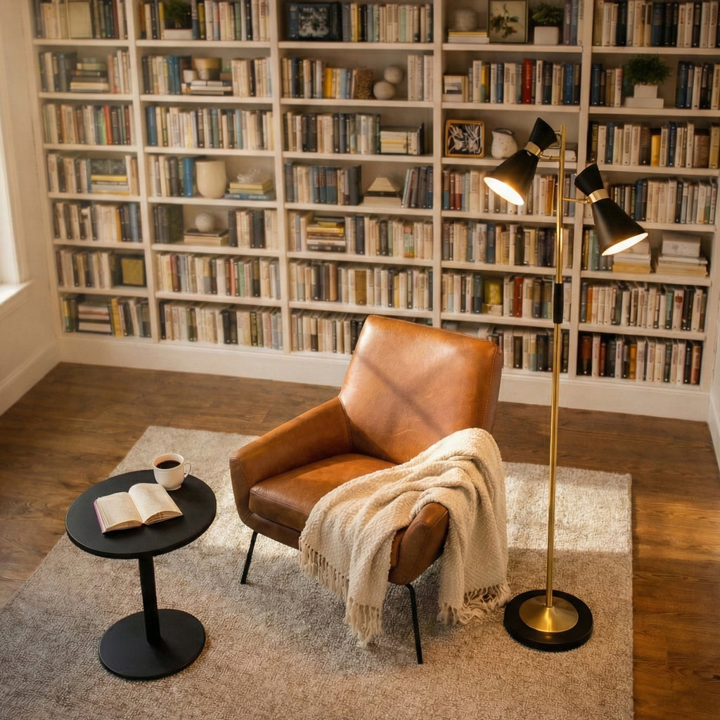 Axis Brassed Gold Floor Lamp With 4-Way Double Spots With Metal Base