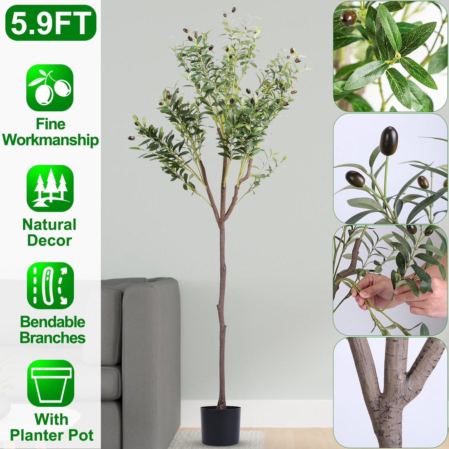 1Pc 5.9FT Artificial Olive Tree Tall Fake Olive Plant Faux Potted Oliv