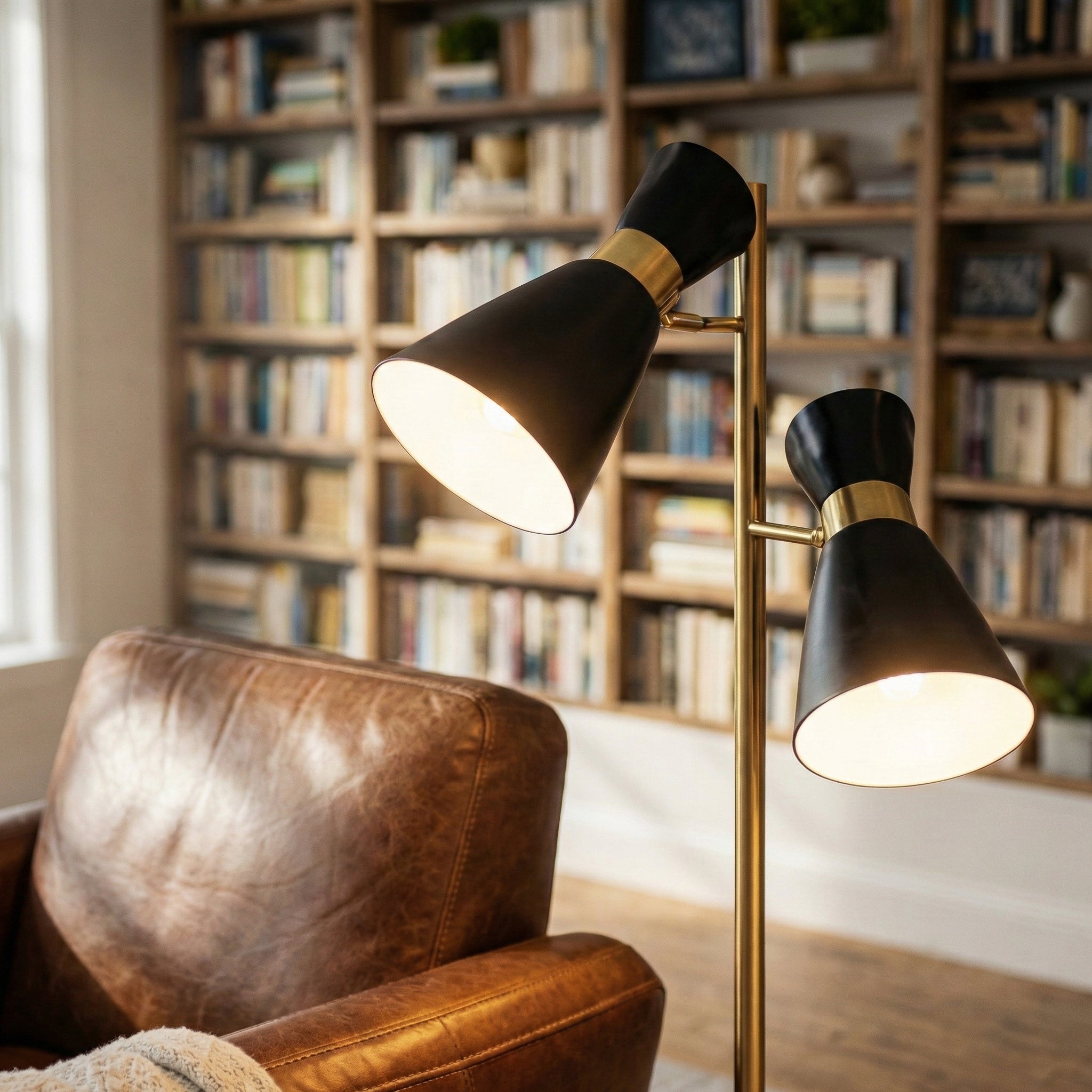 Axis Brassed Gold Floor Lamp With 4-Way Double Spots With Metal Base