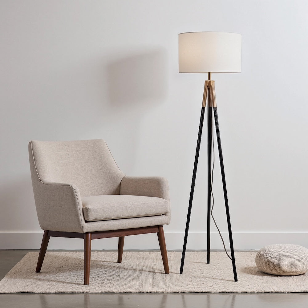 Sway Brassed Gold Floor Lamp With On Off Triple Legs White Fabric Shad