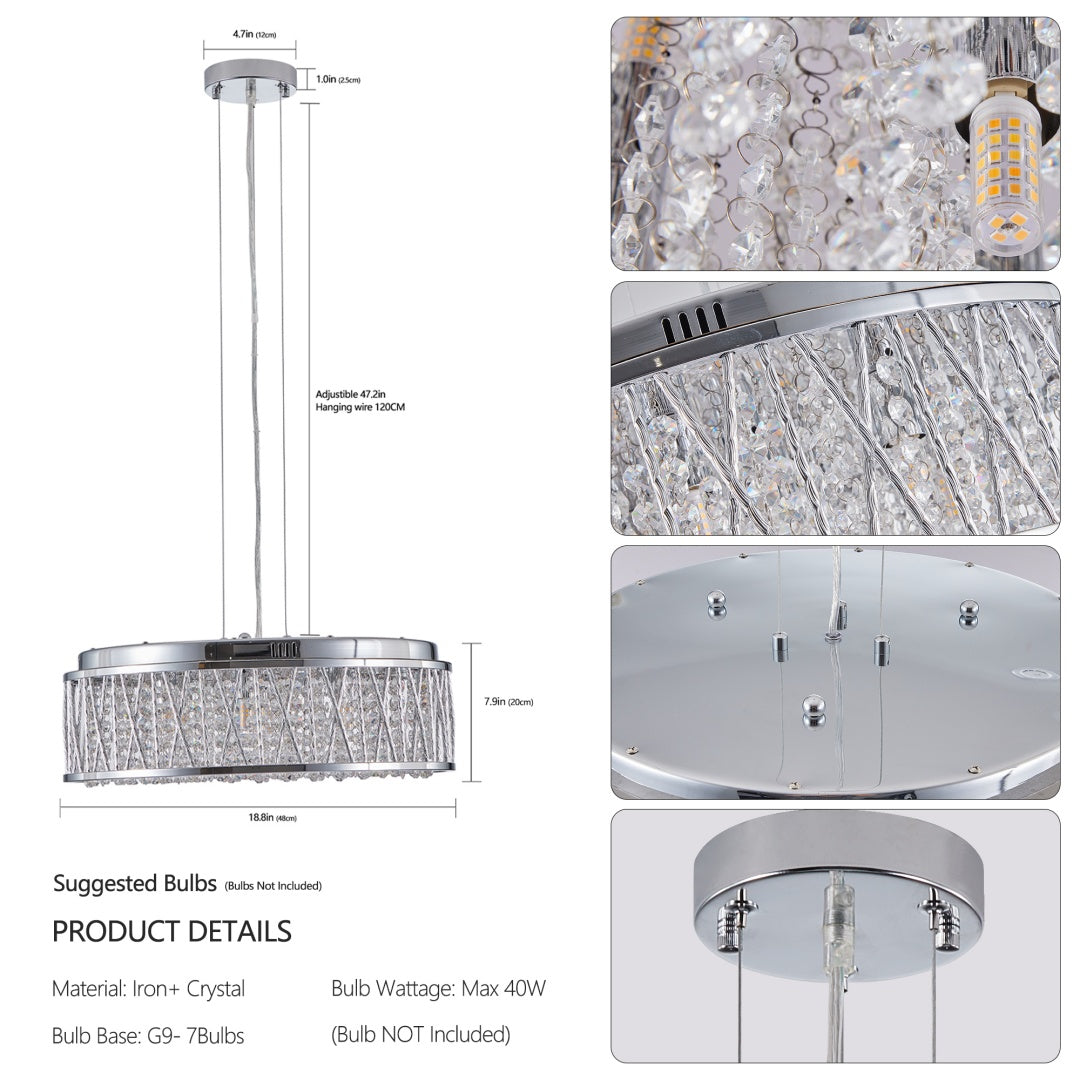Modern Crystal Chandelier 19 Inches Aluminum Iron Round Ceiling Light