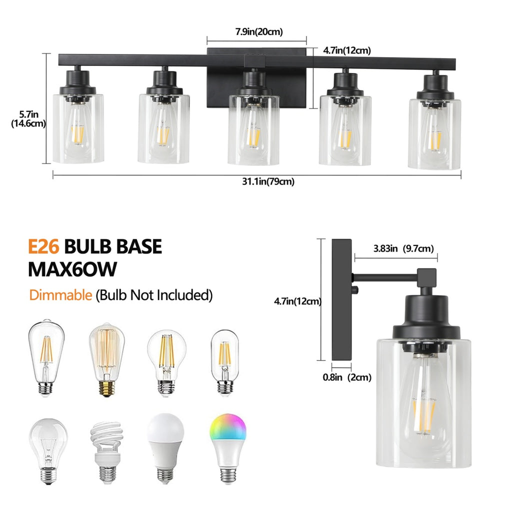 31 Modern Black 5-Light Bathroom Vanity Light Fixture