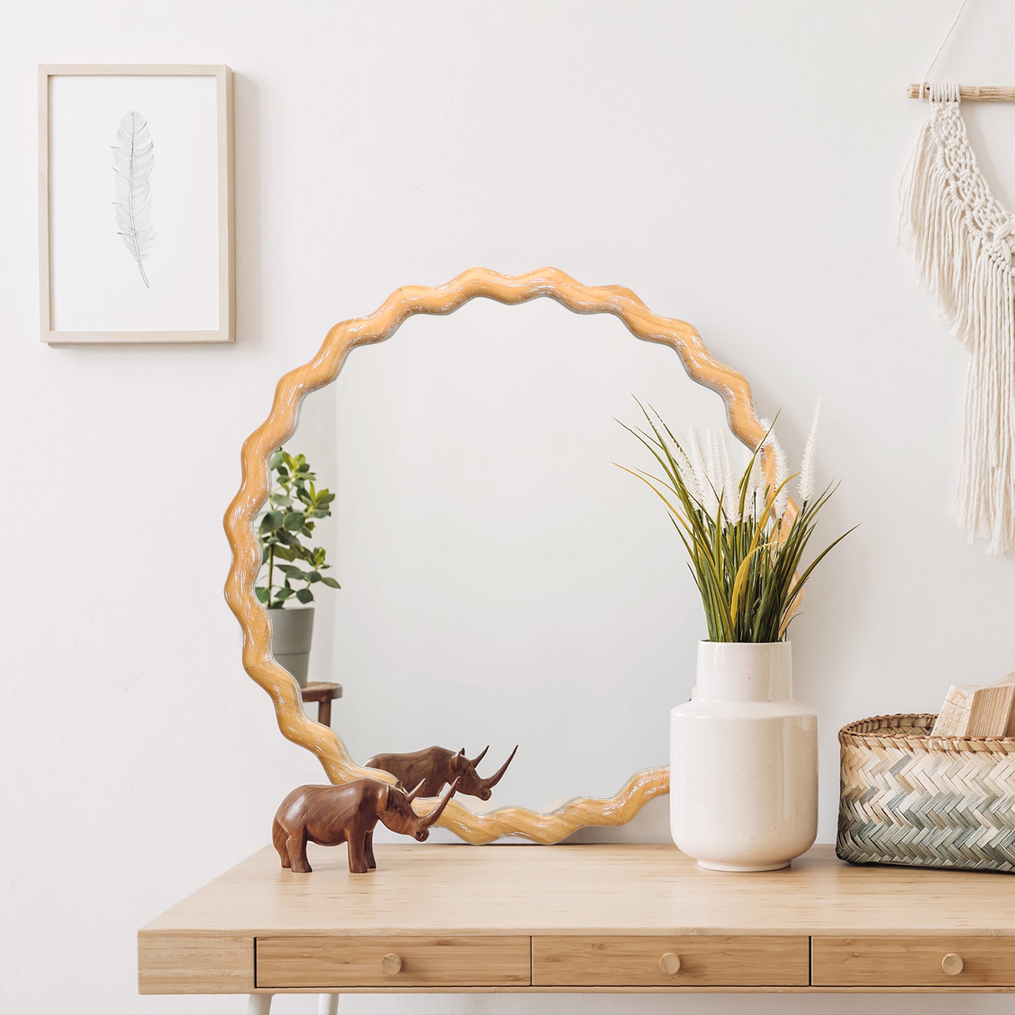27.5 Inches Round Wavy Wall Mirror For Bathroom Vanity