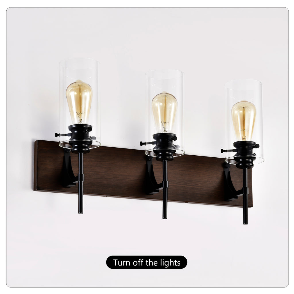 3-Light Matte Black Wood Color Bathroom Light Fixtures