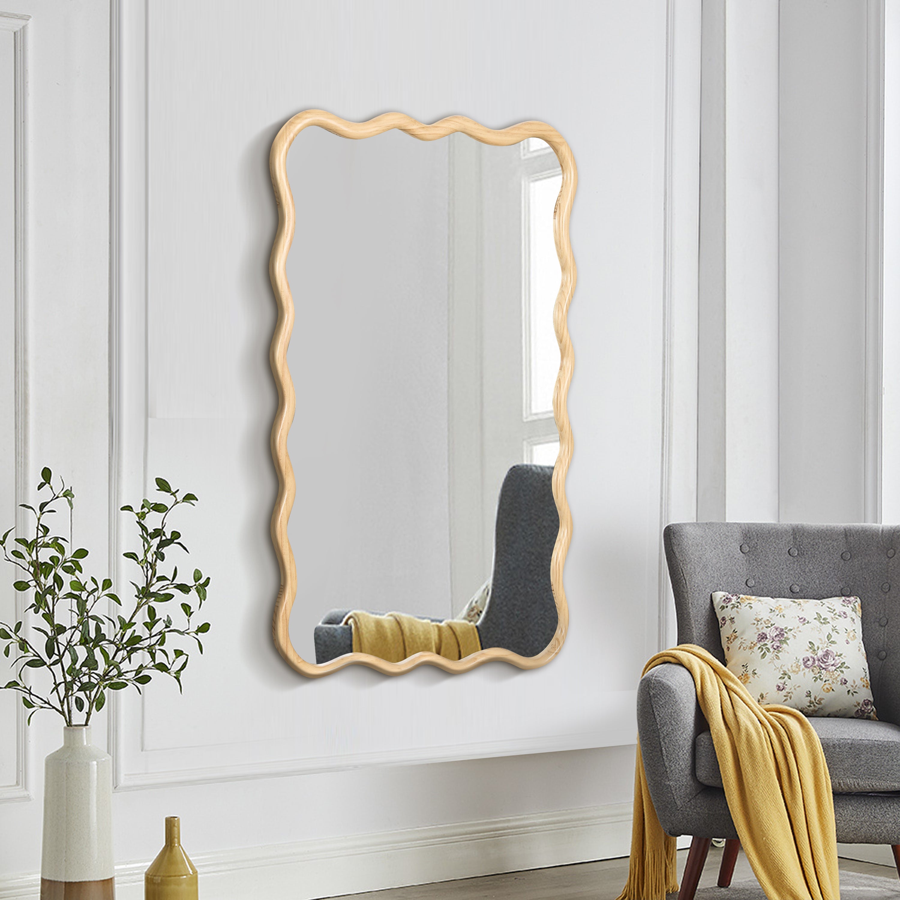 Solid Wood Wavy Rectangle Mirror-Natural-Wood 40X 28 Modern Mirror Wal