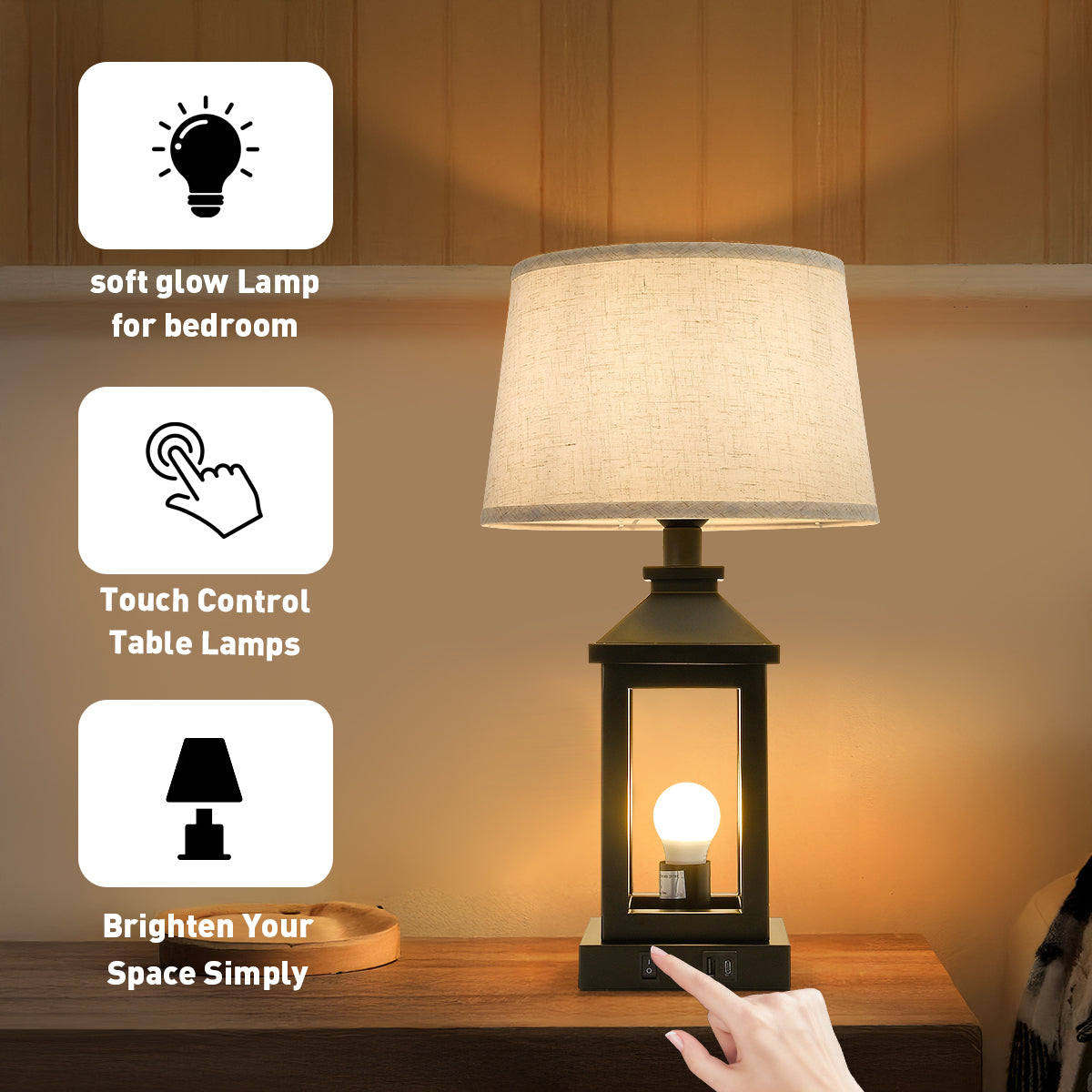 20.5in Black Farmhouse Bedside Table Lamp For Living Room