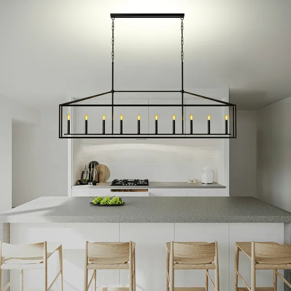 10 Lights Farmhouse Black Chandelier Rectangular Linear Pendant Lighti