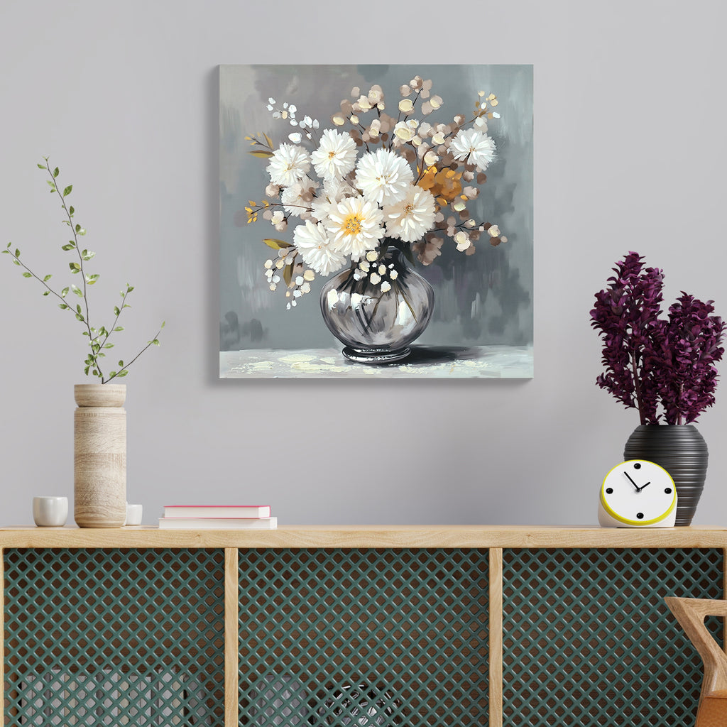 White Chrysanthemum Glass Vase Canvas Wall Art Bathroom Decor Country