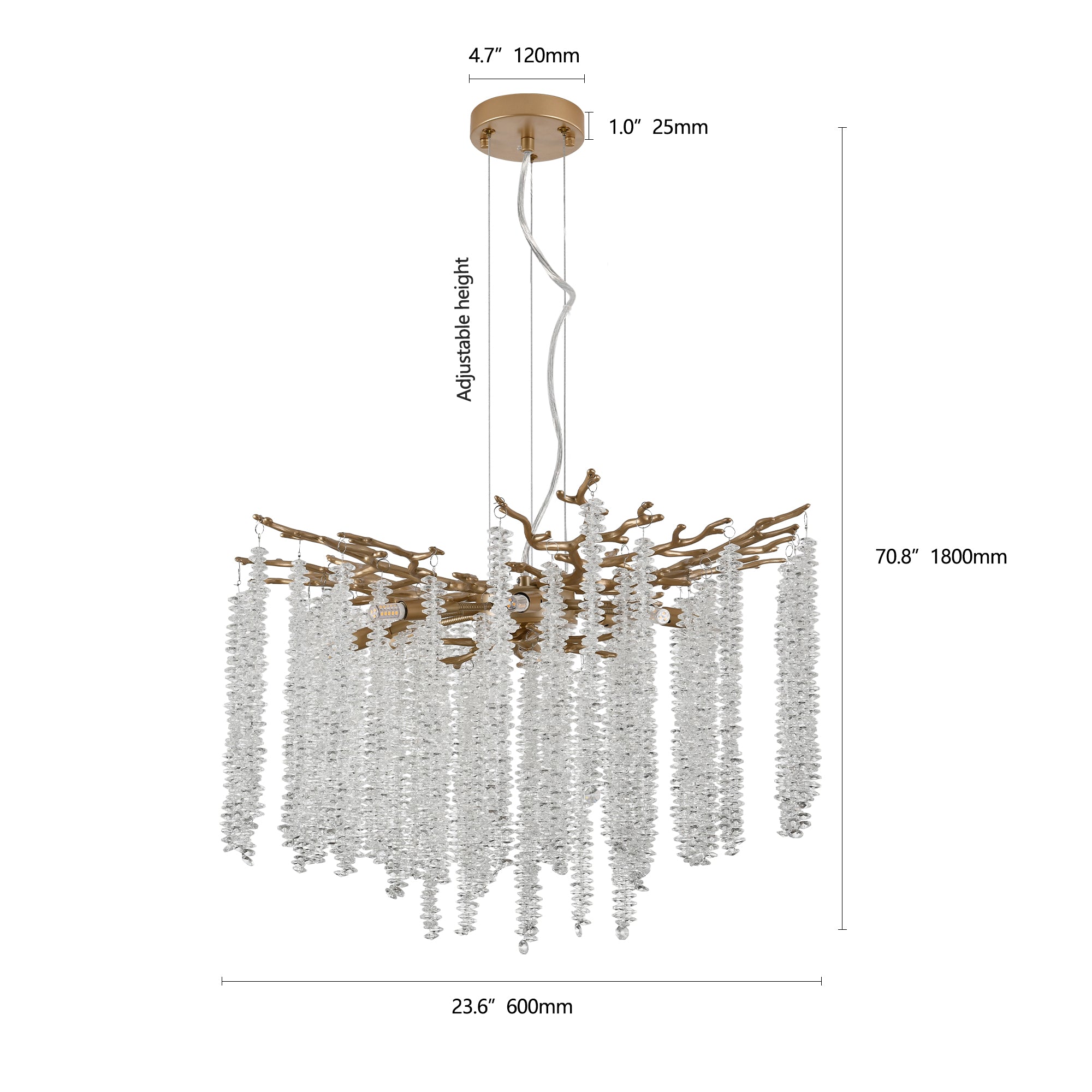 Gold Crystal Pendant Light with Cascading Strands, 24 Inch