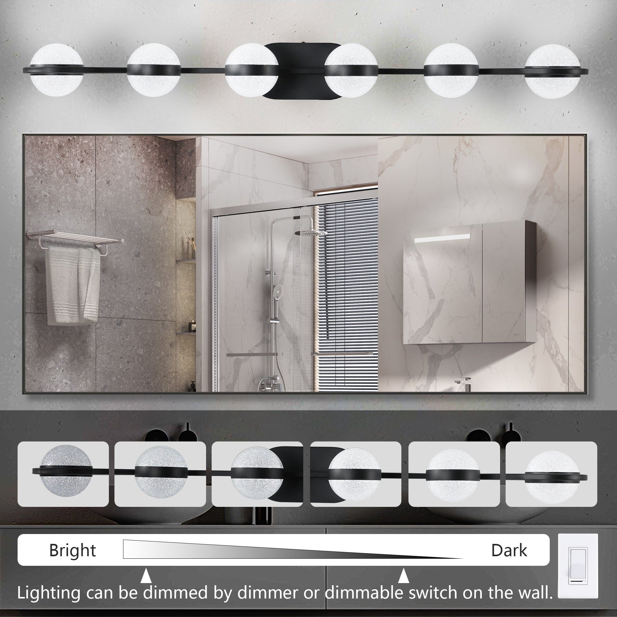43in Black Minimalist LED Bathroom Vanity Light With Crystal Sand Acry