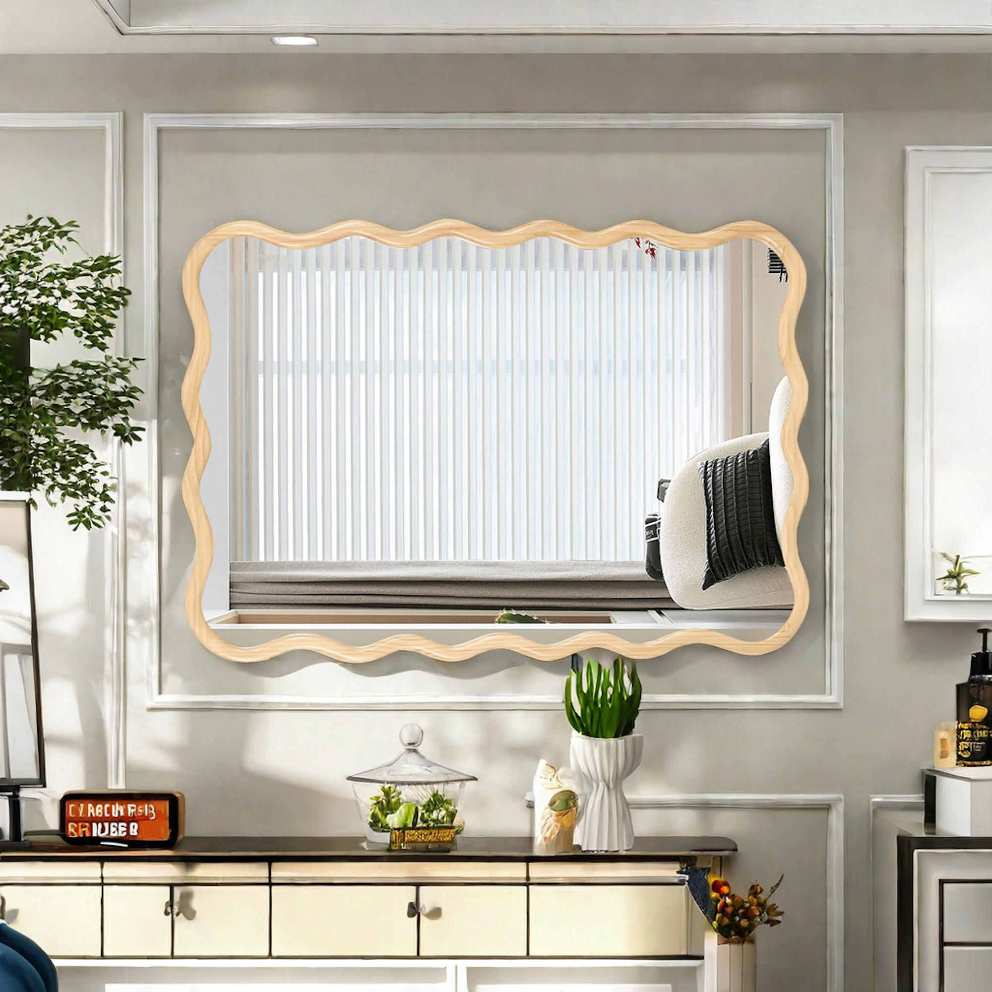 Solid Wood Wavy Rectangle Mirror-Natural-Wood 40X 28 Modern Mirror Wal