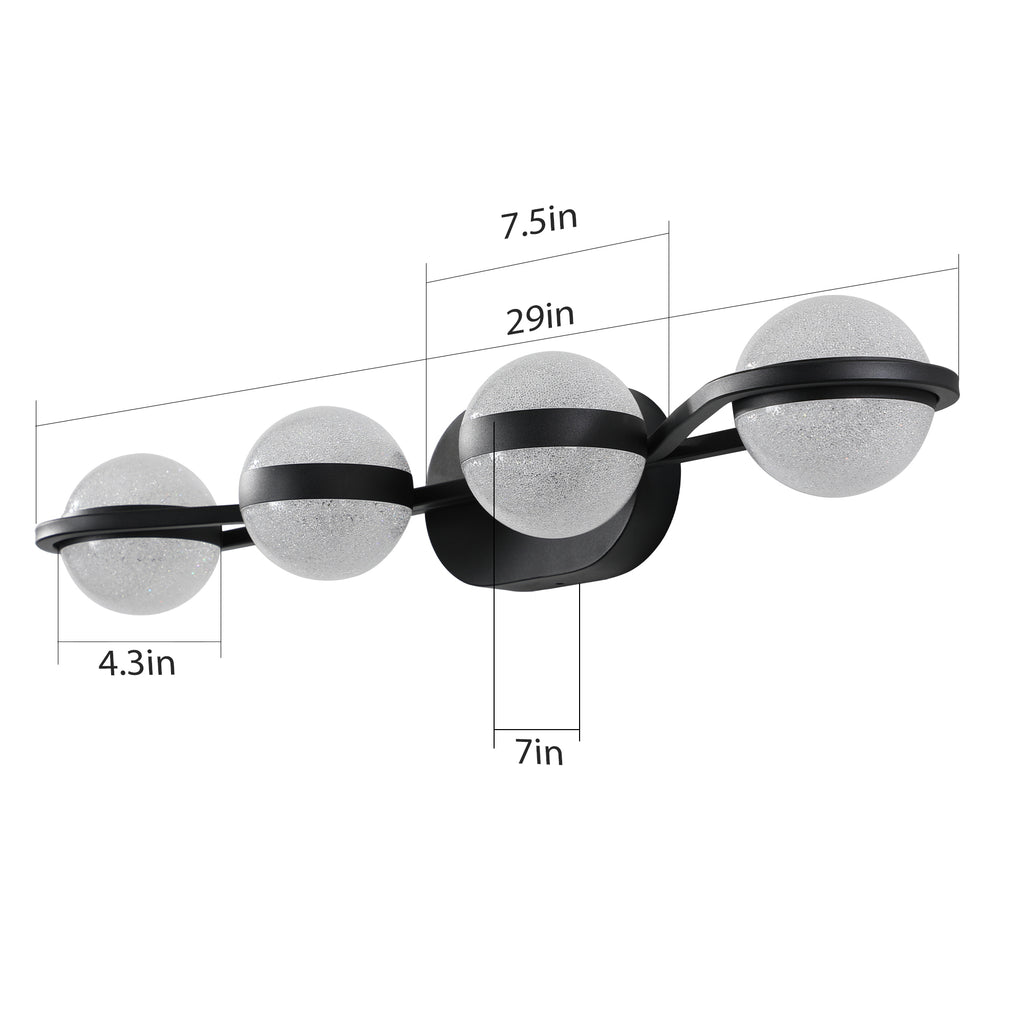 30in Black Minimalist LED Bathroom Vanity Light With Crystal Sand Acry