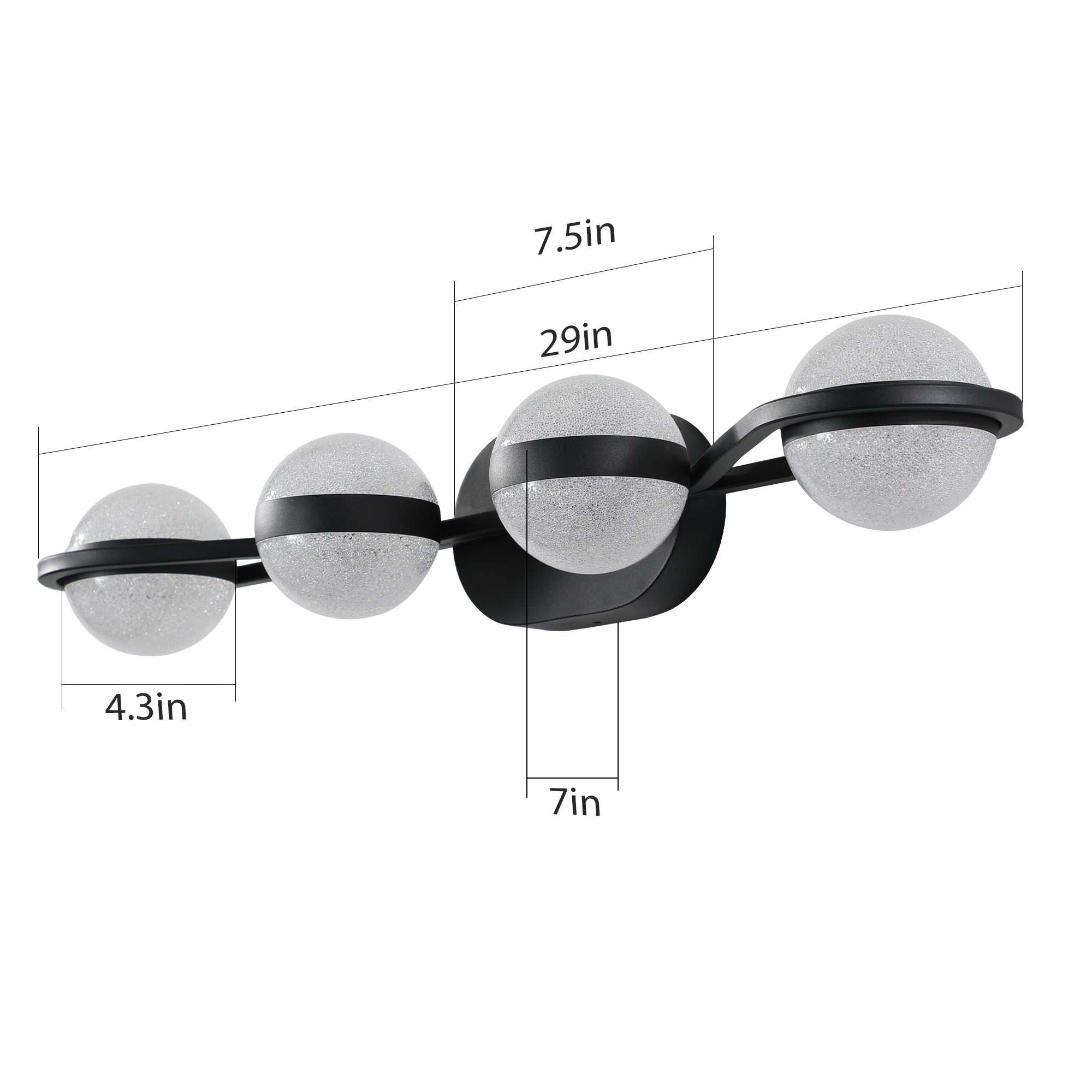 30in Black Minimalist LED Bathroom Vanity Light With Crystal Sand Acry