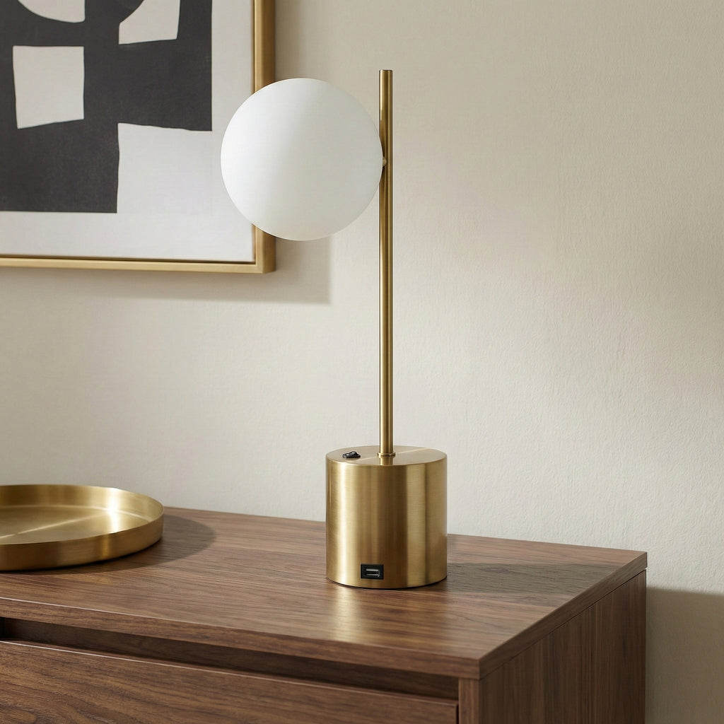 Ethereal Modern Small Brass Metal Table Lamp With White Glass Globe Sh