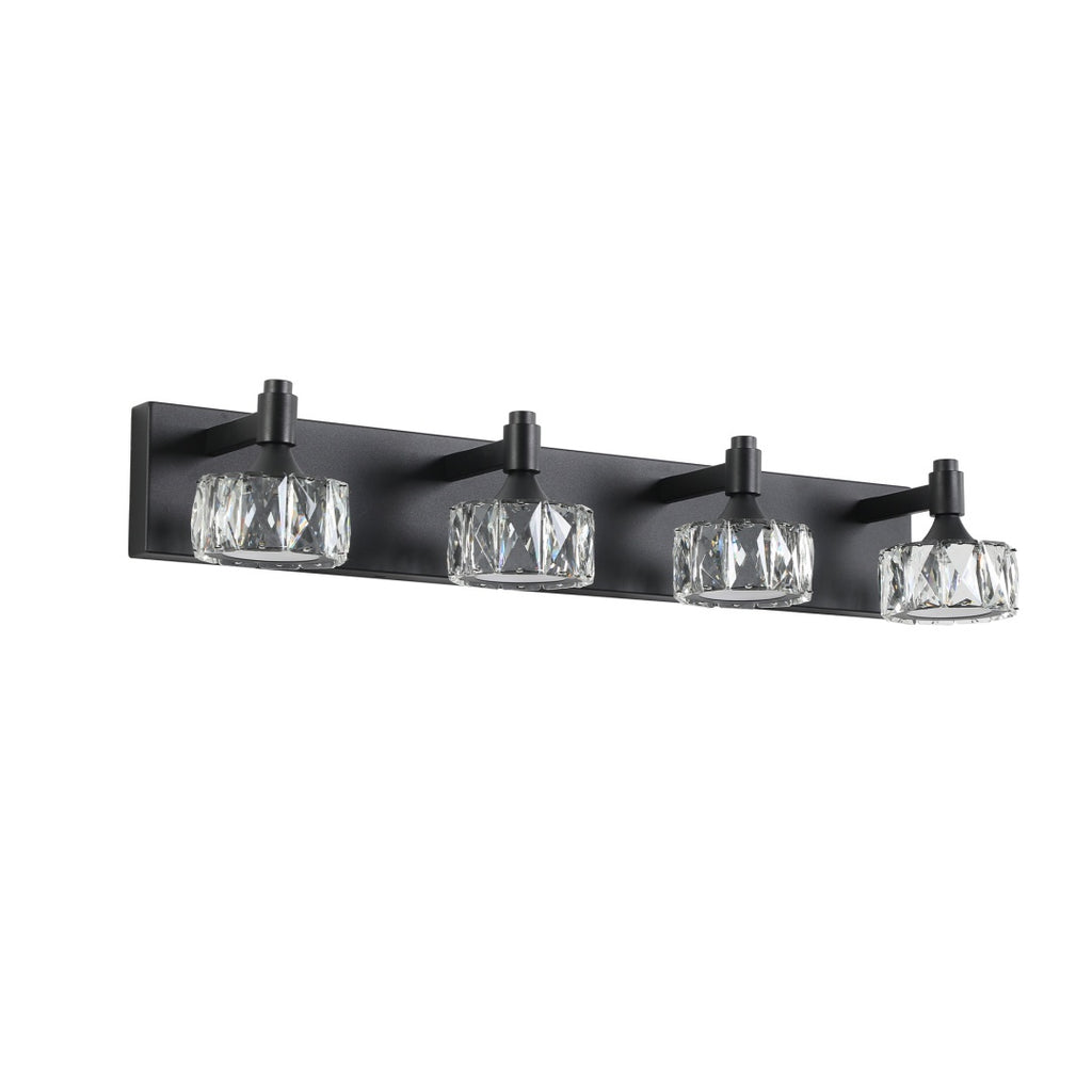 Crystal Glass Vanity Light, 4-Light Matte Black LED Bathroom Fixture