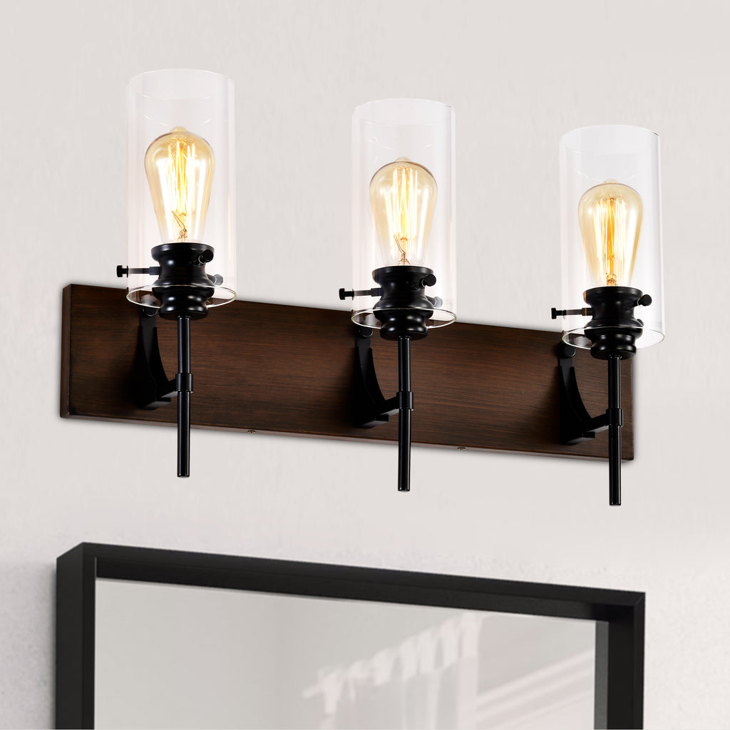 3-Light Matte Black Wood Color Bathroom Light Fixtures