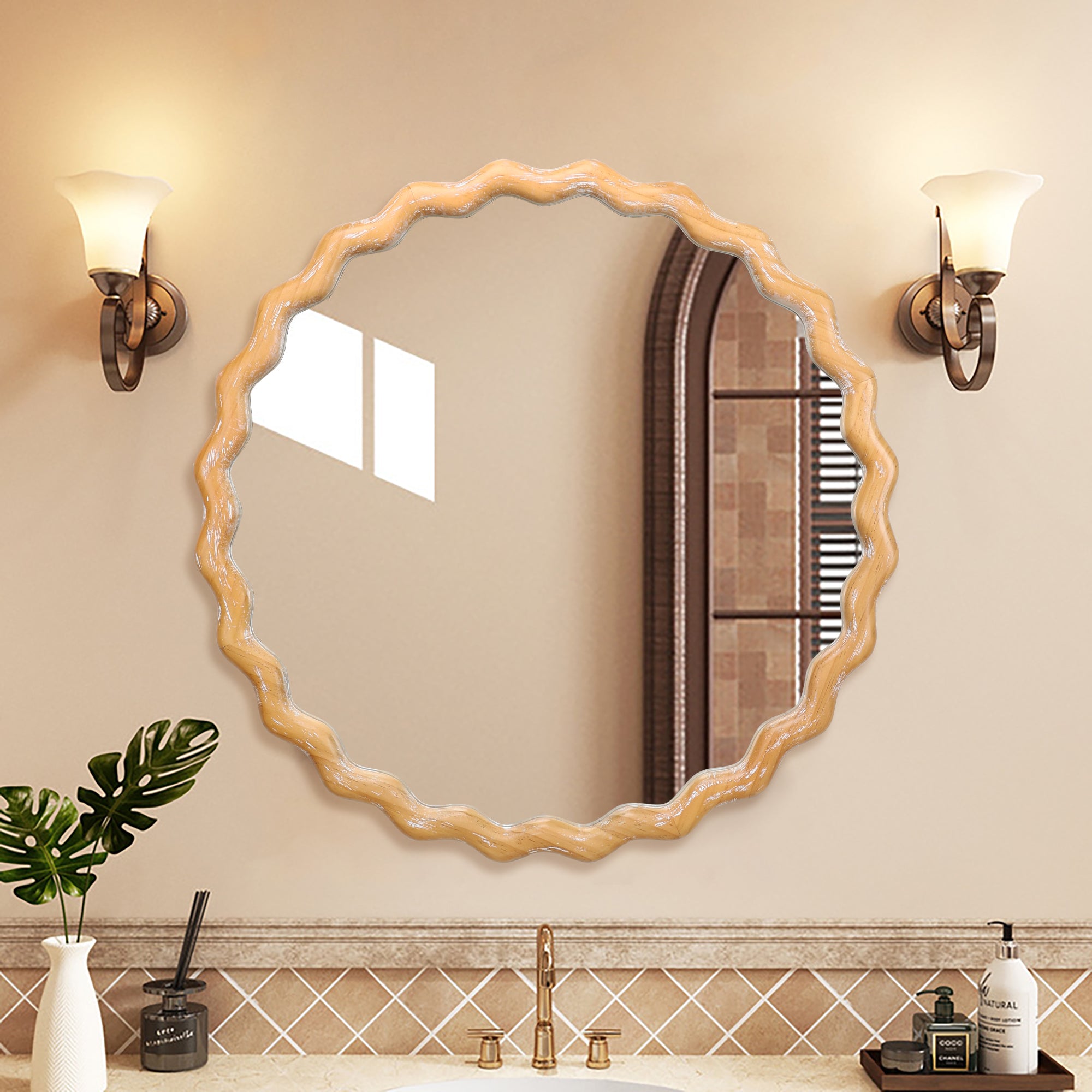27.5 Inches Round Wavy Wall Mirror For Bathroom Vanity