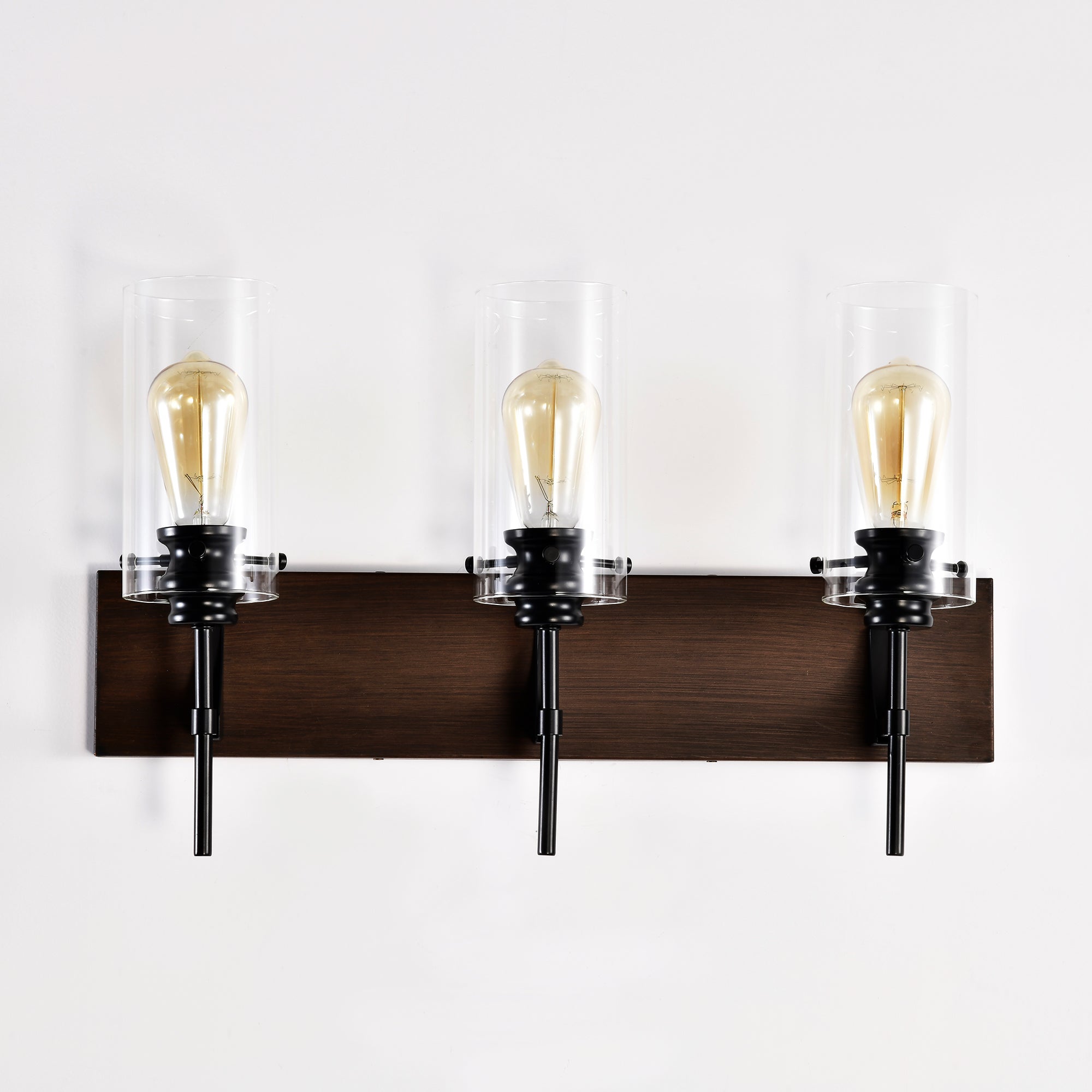 3-Light Matte Black Wood Color Bathroom Light Fixtures