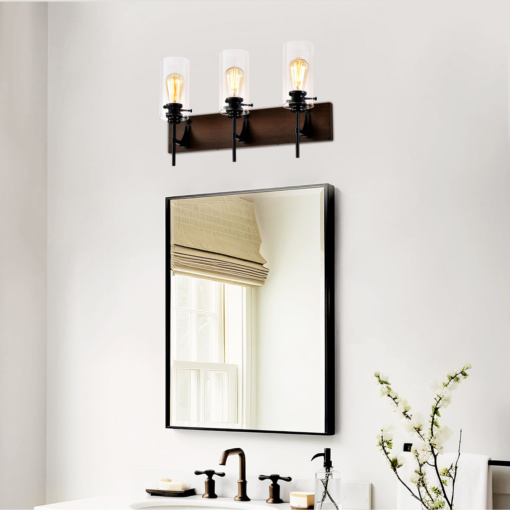 3-Light Matte Black Wood Color Bathroom Light Fixtures