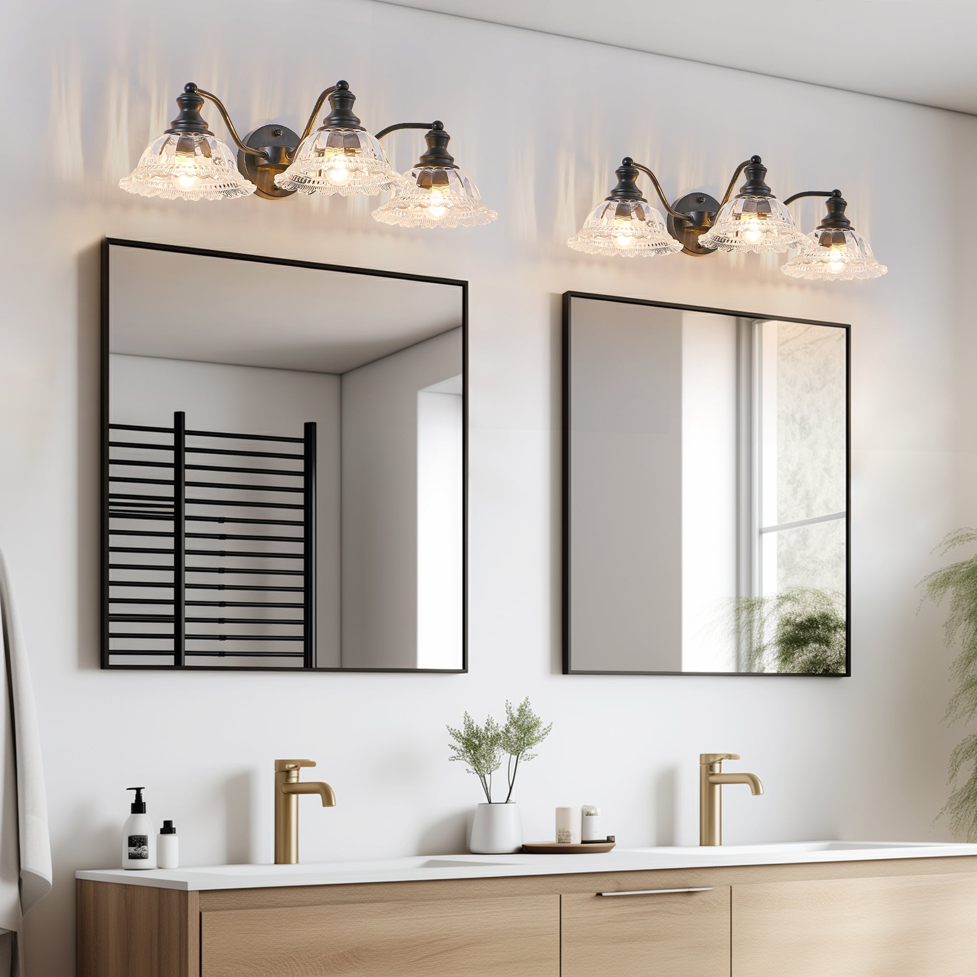 24 Inch 3-Light Vintage Bathroom Wall Sconce Elegant Black Metal And G
