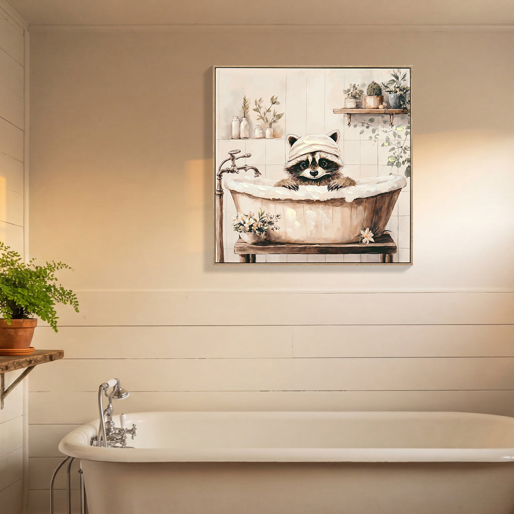 Raccoon Bathroom Canvas Wall Art Raccoon In Bathtub Painting Funny Ani
