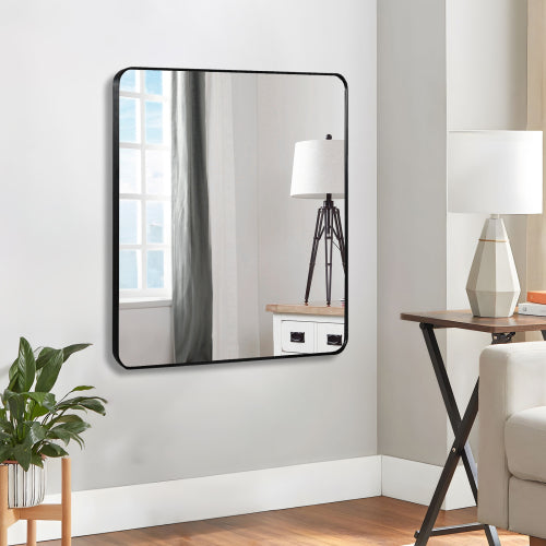 30 In X 30 In Black Metal Framed Square Bathrrom Mirror For Wall.