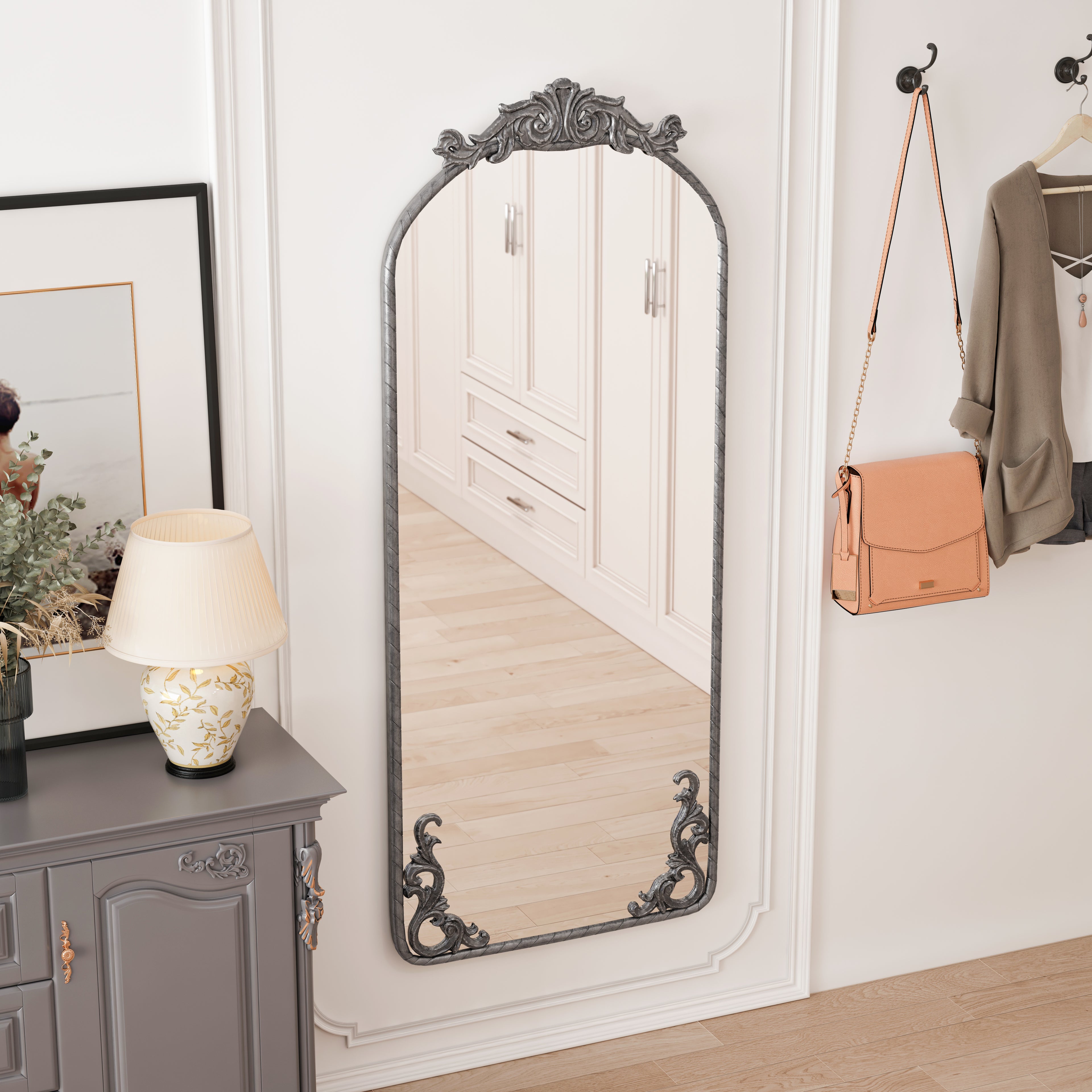 58x24 Arched Full Body Mirror With Vintage Ornate Carved Applique On T
