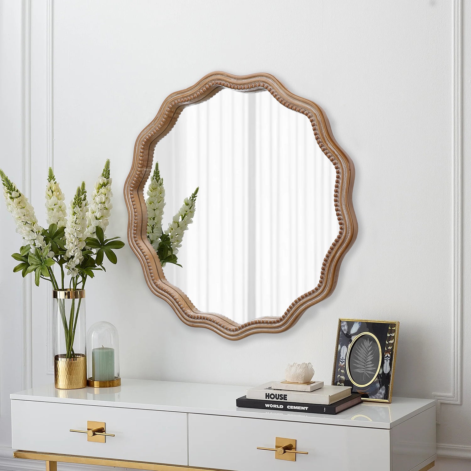 23.62 Inches Wood Round Wavy Wall Mirror Round Wall Mirror Scalloped M