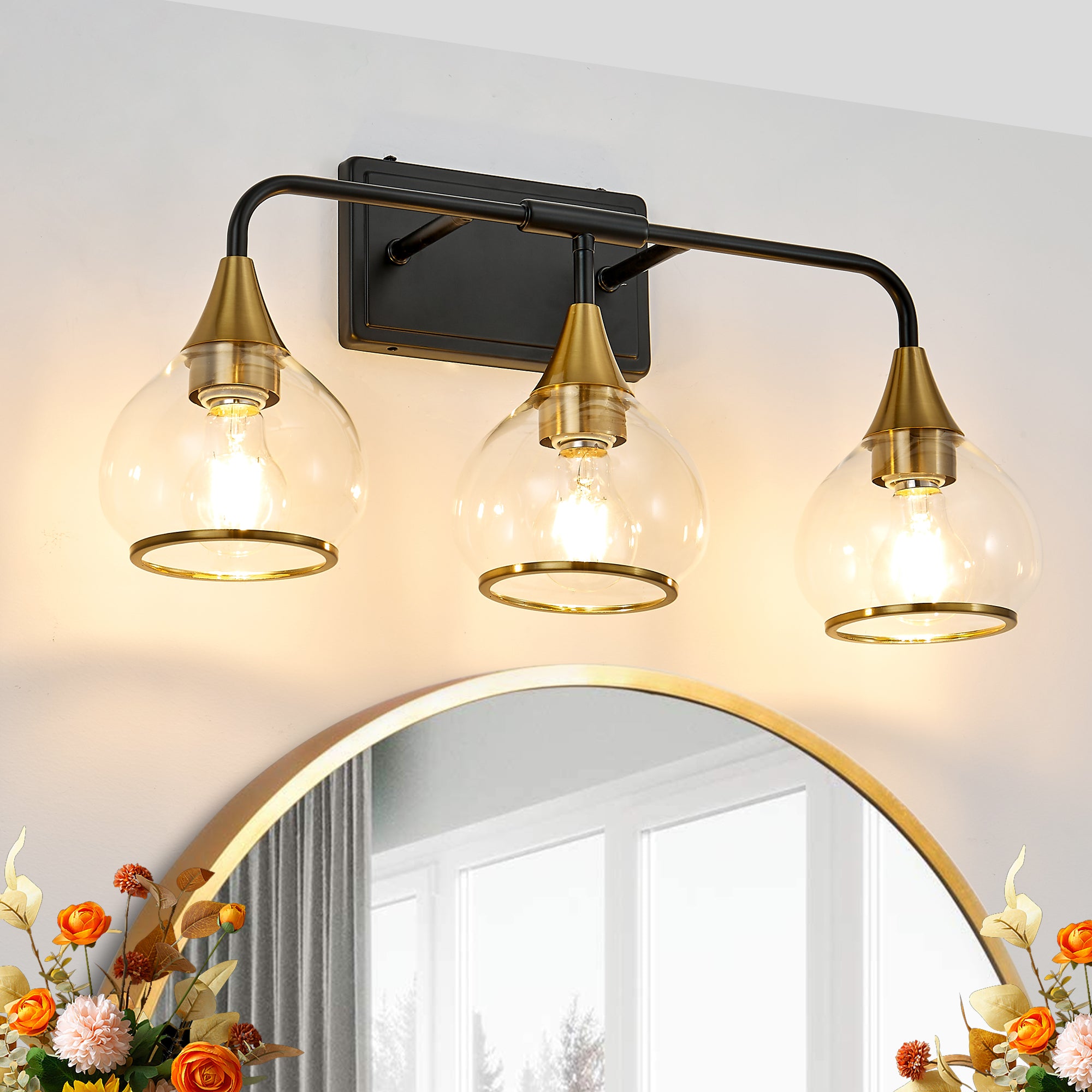 23 Modern 3-Light Vanity Wall Sconce - Black And Gold Bathroom Light F