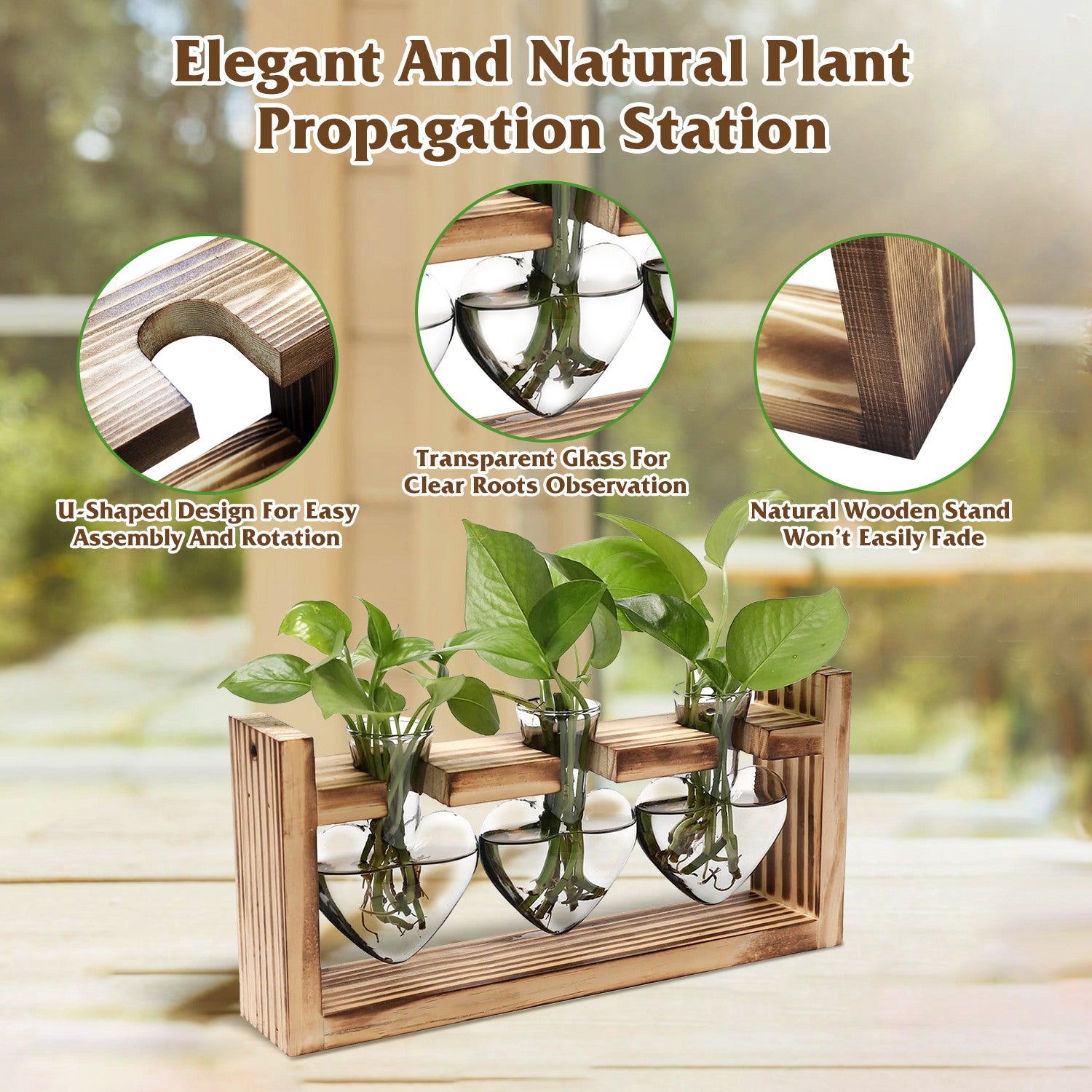 1Pc Plant Terrarium Propagation Station With 3 Heart Shaped Vases Wood