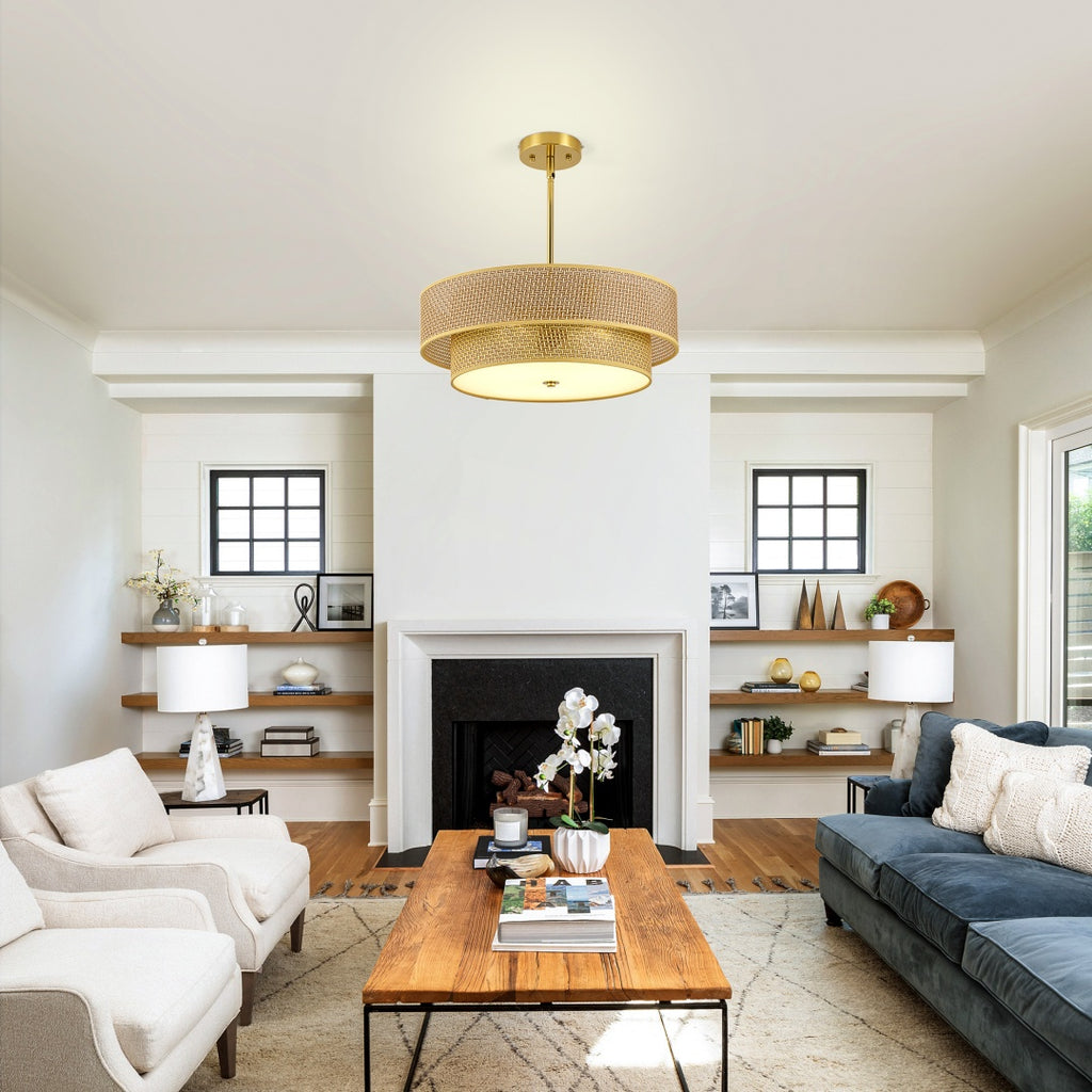 17.7 Inch Woven Rattan Linen Semi Embedded Ceiling Light Fixture